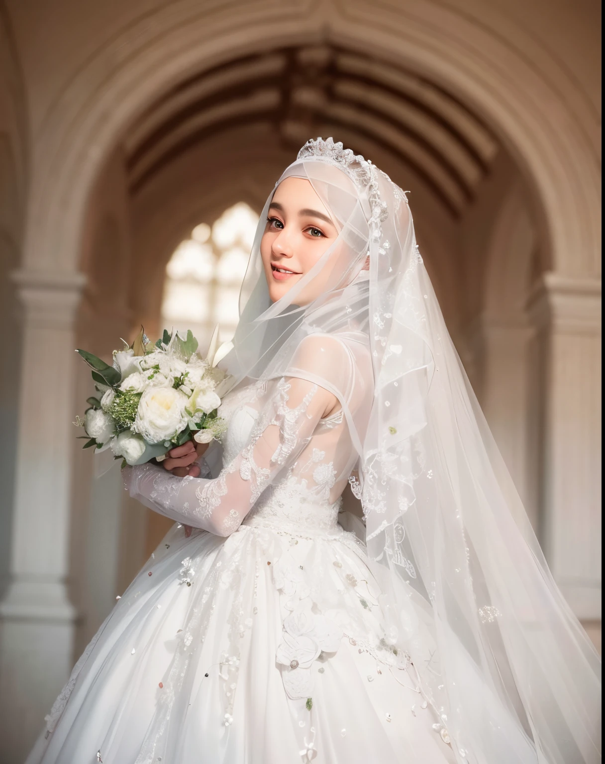 bride in a white wedding dress holding a bouquet of flowers, white hijab, dilraba dilmurat, veil, wedding dress, emir, hana alisa omer, wearing a wedding dress, yan morala, inspired by Ayshia Taşkın, how pretty, hijab, bride, full dress, wearing translucent veils, orthodox, jeweled veil