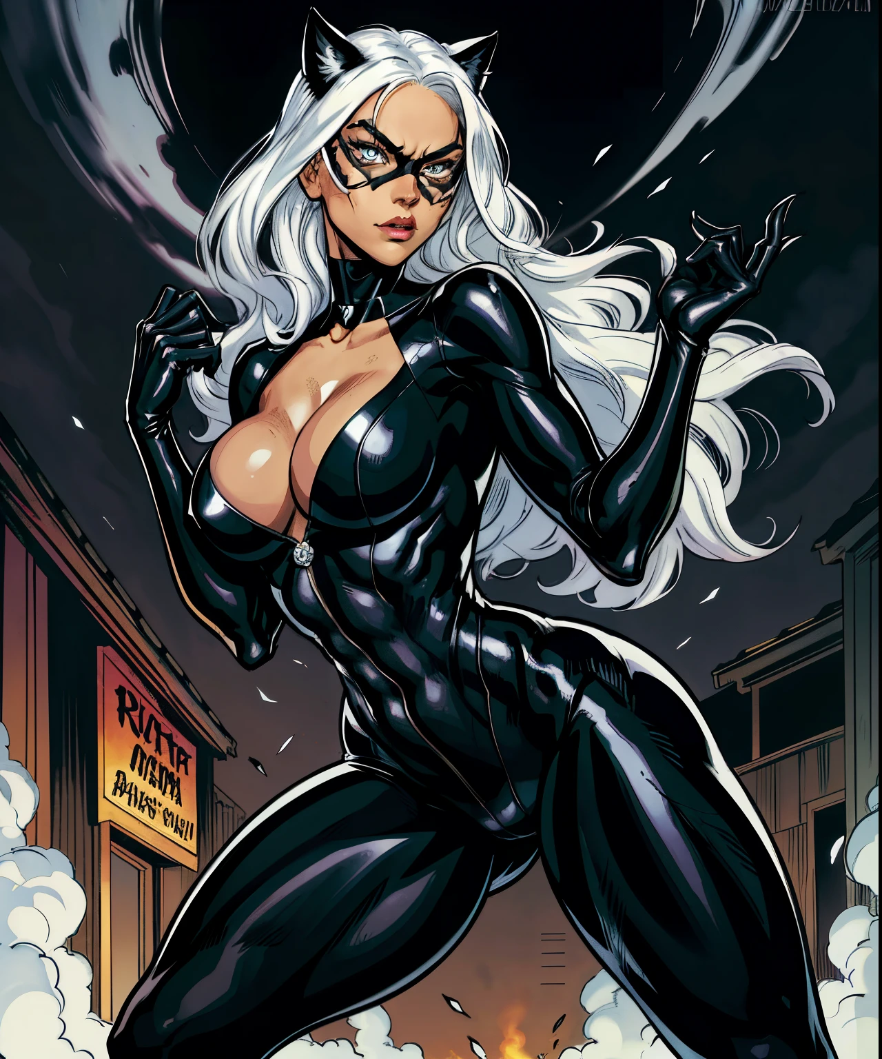 comic cover, gata negra, black cat, felicia hardy, with her mask, action pose, ???? pose, white hair, blue eyes, long hair, ???? body, curves, yusuke murata syle. Ilya Kuvshinov syle, anime art style, rosto bonito,