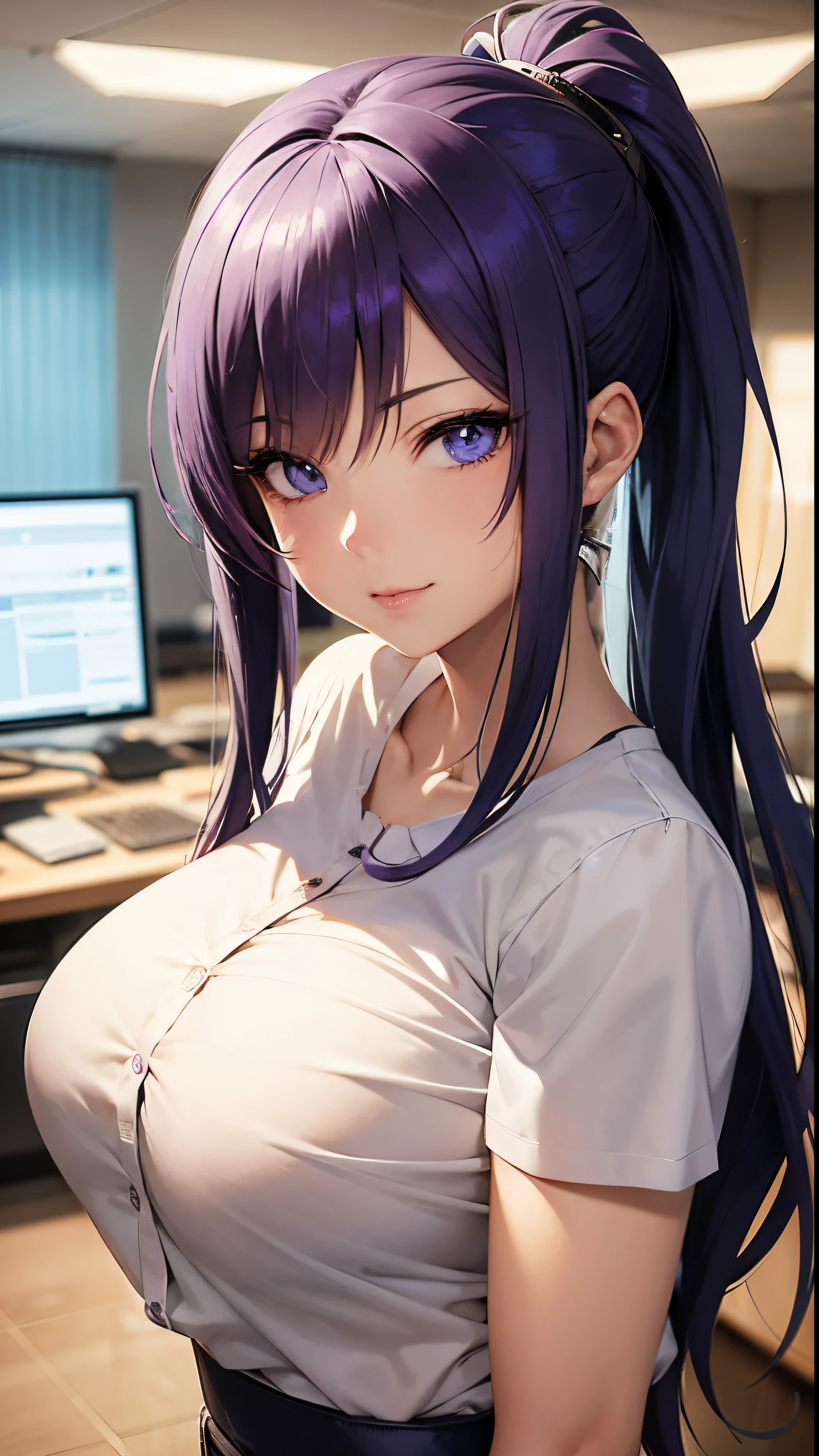 anime girl with Purple hair and blue eyes posing in an office, seductive anime girl, photorealistic anime girl render, smooth anime cg art, detailed digital anime art, attractive anime girl, digital anime art, digital anime illustration, [ 4 k digital art ]!!, biomechanical oppai, beautiful anime girl, anime moe artstyle, beautiful anime woman