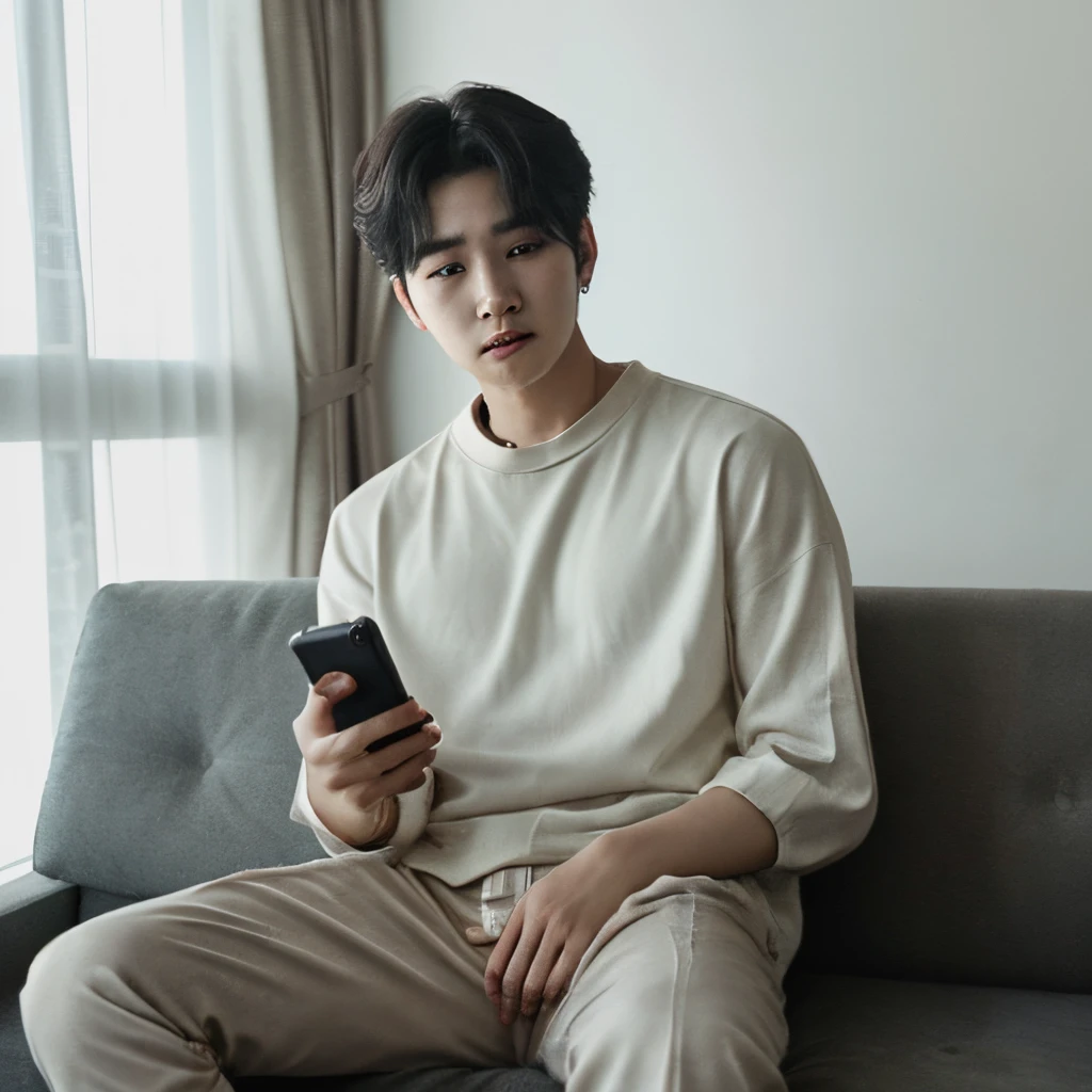 There is a young man sitting on a sofa with a cell phone, Una imagen inspirada en Jeonseok Lee, tumblr, realismo, Cai Xukun, jungkook, Hyung Tae, Jinyoung Shin, Taejune Kim, Wan adorable cara coreana, young wan angel, Foto de perfil de la foto de cabeza, 1 7 years - child of thin face age, Yoongi de pelo negro, Hong June Hyung