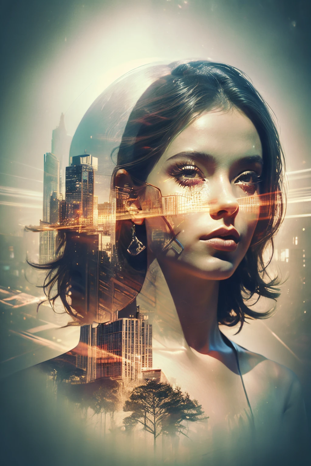 Mecha girl avatar，Futuristic virtual holographic digital image background，（Doubleexposure：1.8），Complex illustrations in surrealist art style，Surreal dreams，Become an invisible virtual hologram，Transparent people，Virtual holographic digital image