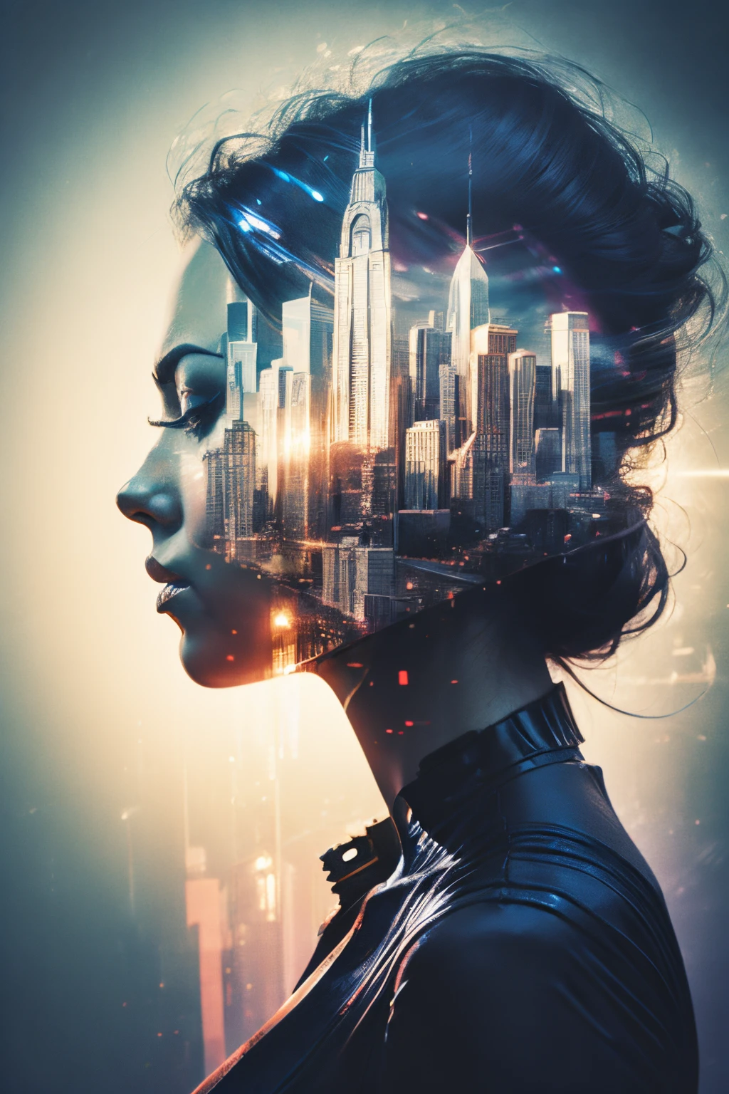 Mecha girl portrait，Futuristic virtual holographic digital image background，（Doubleexposure：1.8）