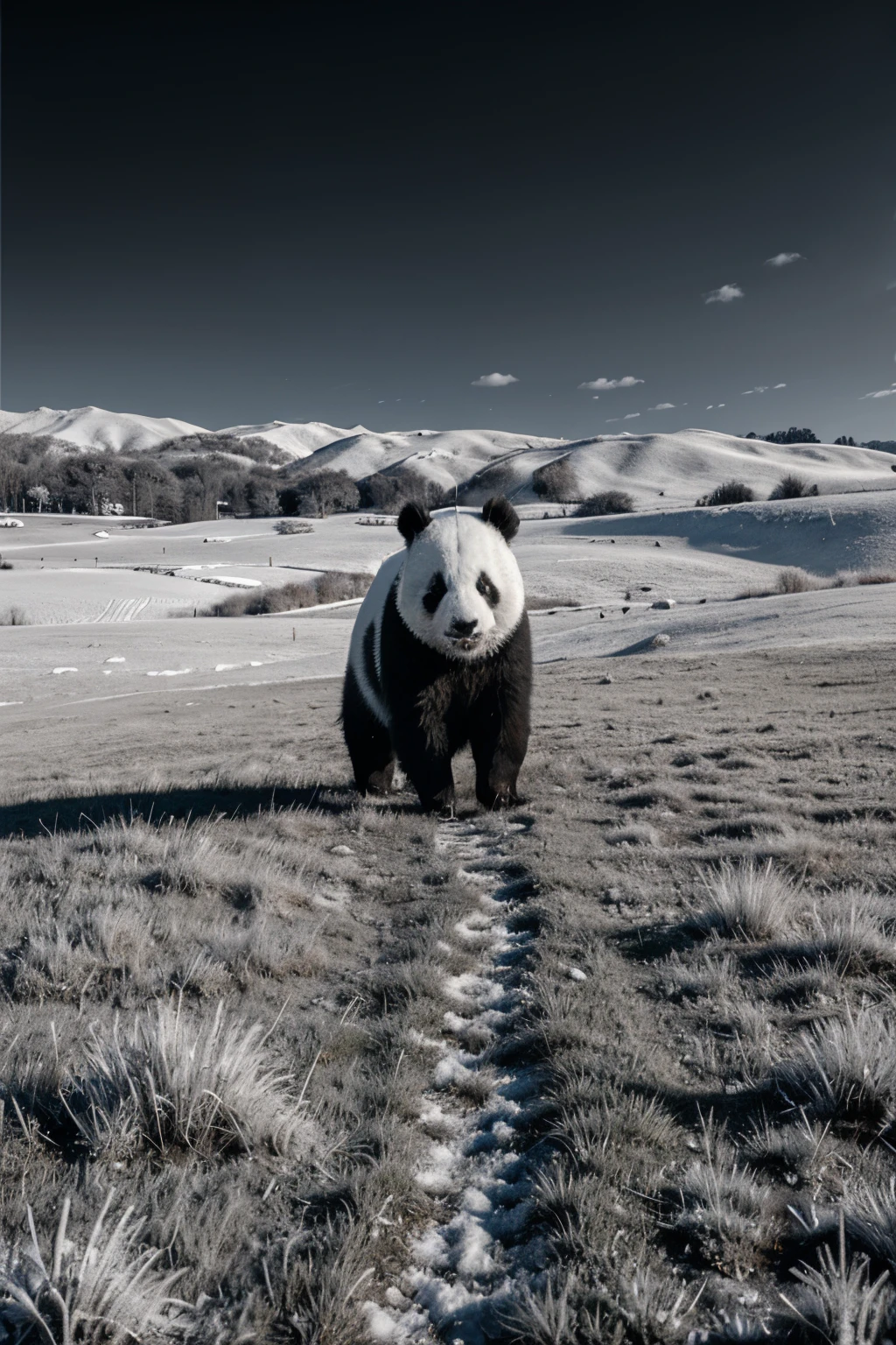 A black and white panda stands on the snow-covered grassland, infrared photography, professional photography, perspective, super realistic, super detailed, super sharp