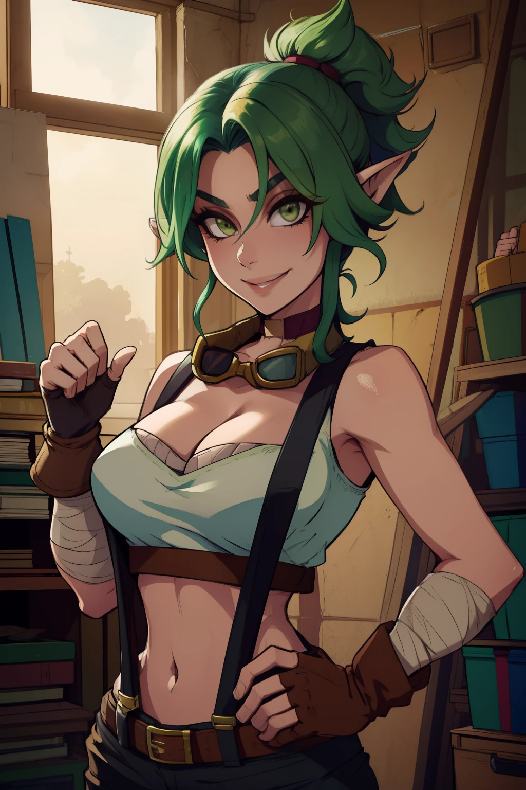 Kiera, green hair, pointy ears, green eyes, two-tone hair , solo, standing, smiling, hands crossed behind, upper body, 
cleavage, goggles around neck ,suspenders, crop top ,belt, bare shoulders, bandages, pants, midriff, brown fingerless gloves, brown shoes, fantasy, in a repair shop, sideshot, smirking (insanely detailed, beautiful detailed face, masterpiece, best quality)