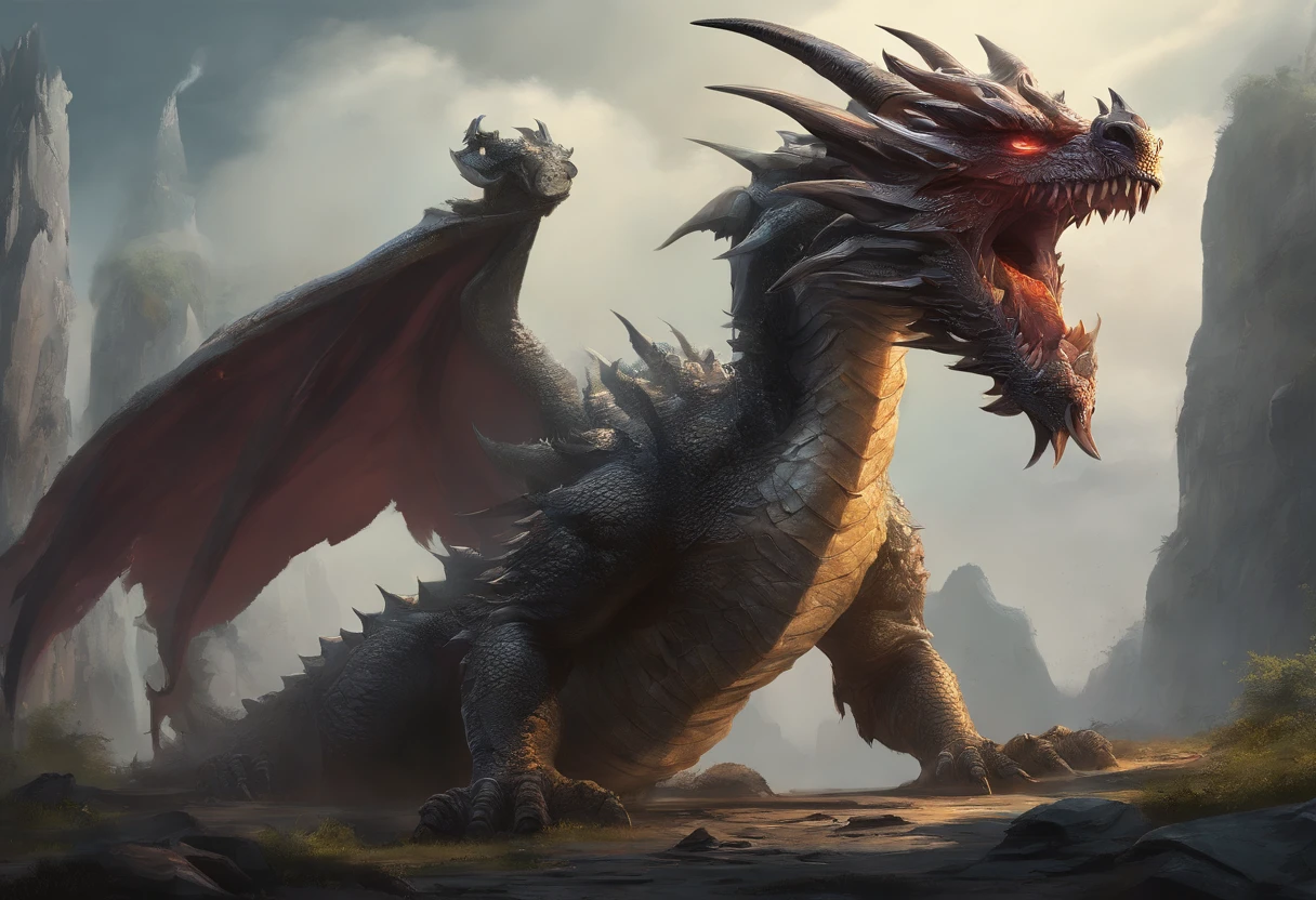 There is a big dragon with a huge head and a huge body, epic fantasy card game art, highly detailed fantasy art, detailed digital 2d fantasy art, epic fantasy artwork, detailed fantasy art, epic fantasty card game art, Dungeons&Dragons Fantasy Art, hyperrealistic d & d fantasy art, symmetrical spectacular fantasy art, cyborg dragon portrait