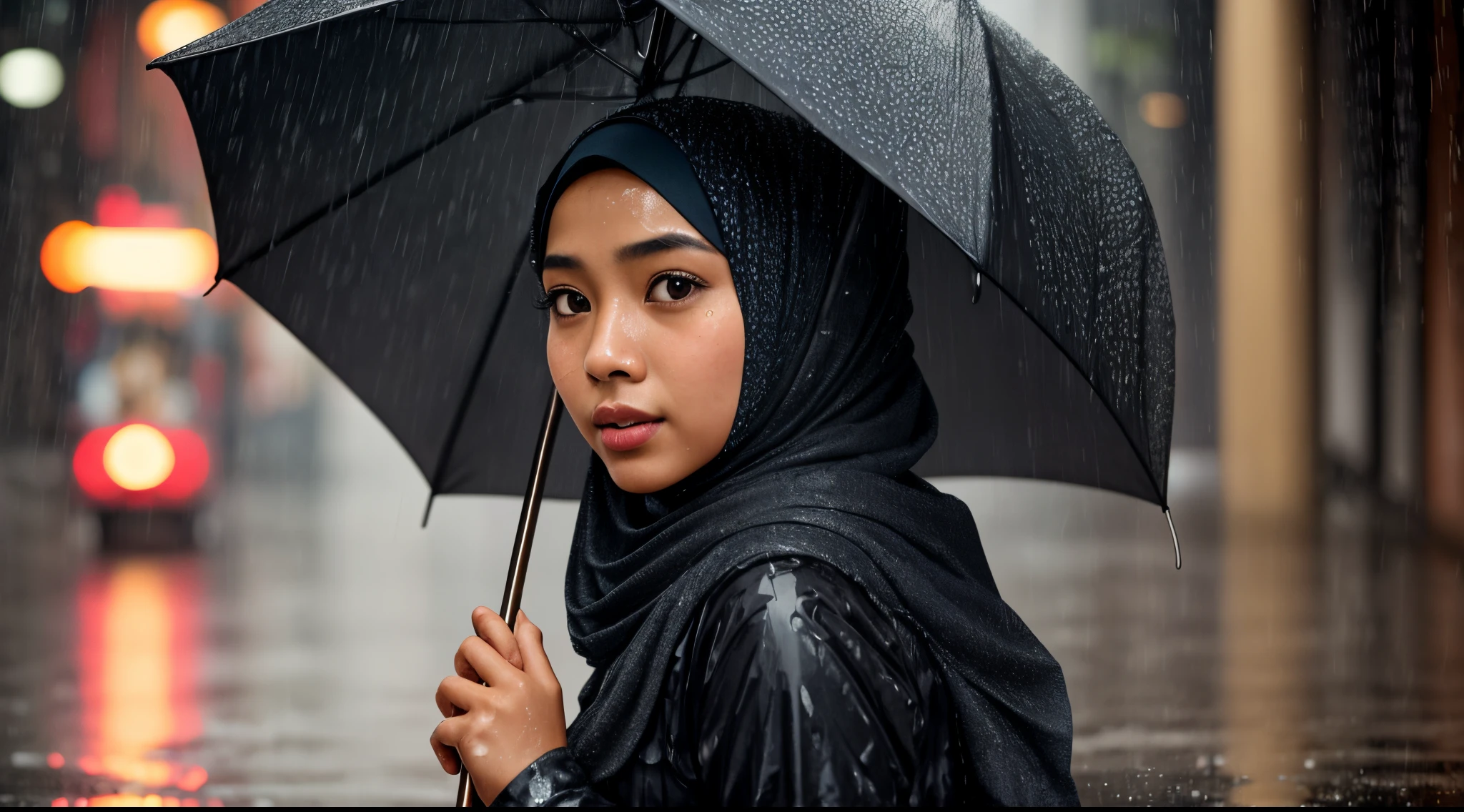 Generate a cinematic still of a Malay girl in hijab caught in a gentle rain shower, carrying a vintage umbrella. Focus on capturing the emotion in her eyes as she navigates the rain-soaked streets, creating a scene reminiscent of a romantic film, extreme closeup, ultra detail, bokeh,