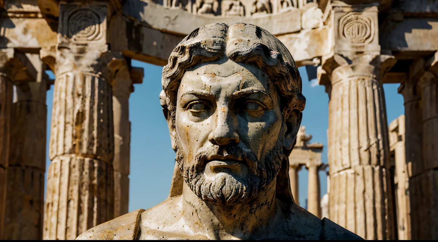 Ancient Stoic Statue With Very Angry Expression, tem barba, muitos detalhes em ambos os olhos, Outside, fundo atenas grego, open sky, com rosto extremamente detalhado full body view, Colors with low saturation with dark tone, Filmado em Sony A7S III com Sony FE 35mm f/1.8, 12.1 MP, --AR 3:2 --estilo cru