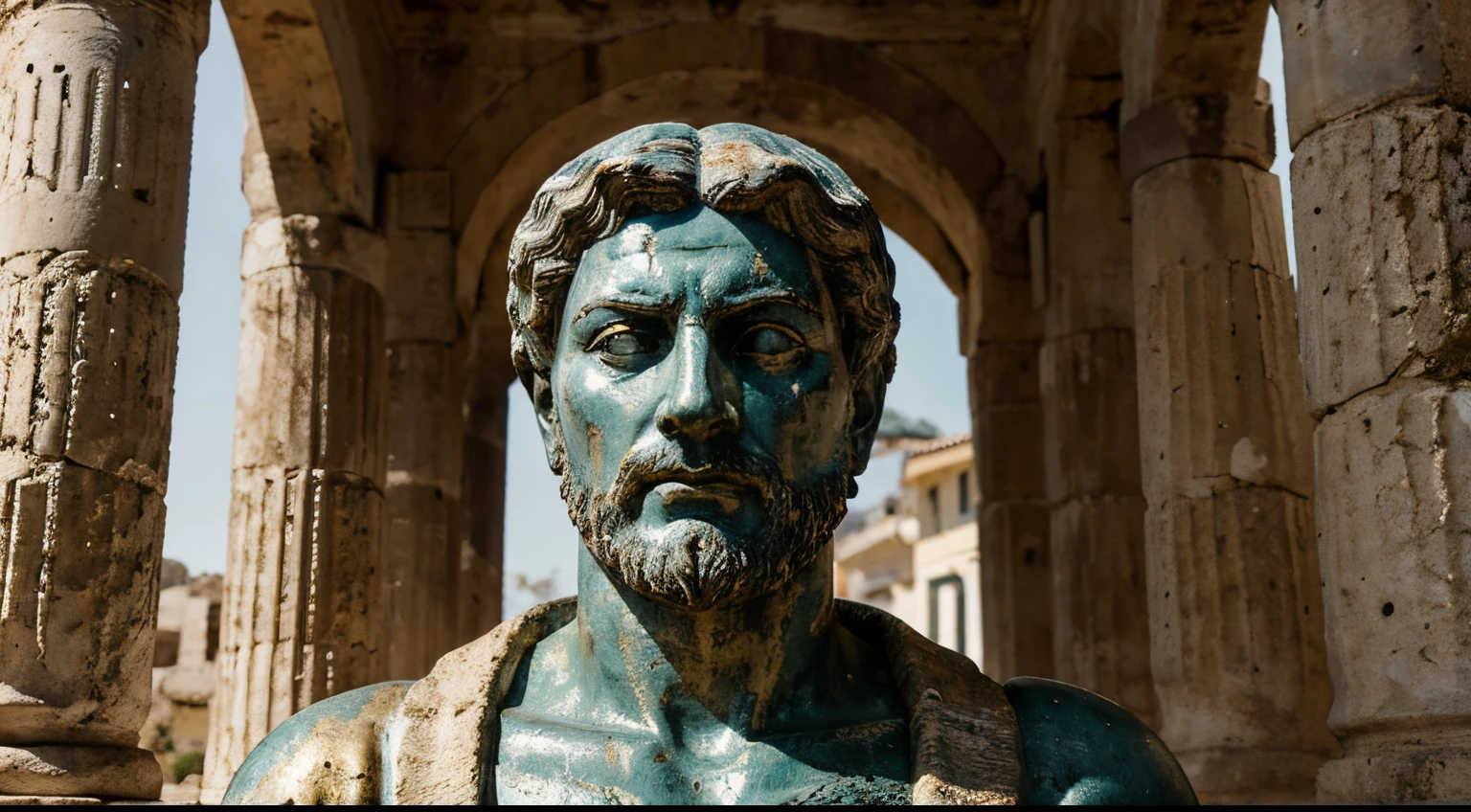 Ancient Stoic Statue With Very Angry Expression, tem barba, muitos detalhes em ambos os olhos, Outside, fundo atenas grego, open sky, com rosto extremamente detalhado full body view, Colors with low saturation with dark tone, Filmado em Sony A7S III com Sony FE 35mm f/1.8, 12.1 MP, --AR 3:2 --estilo cru