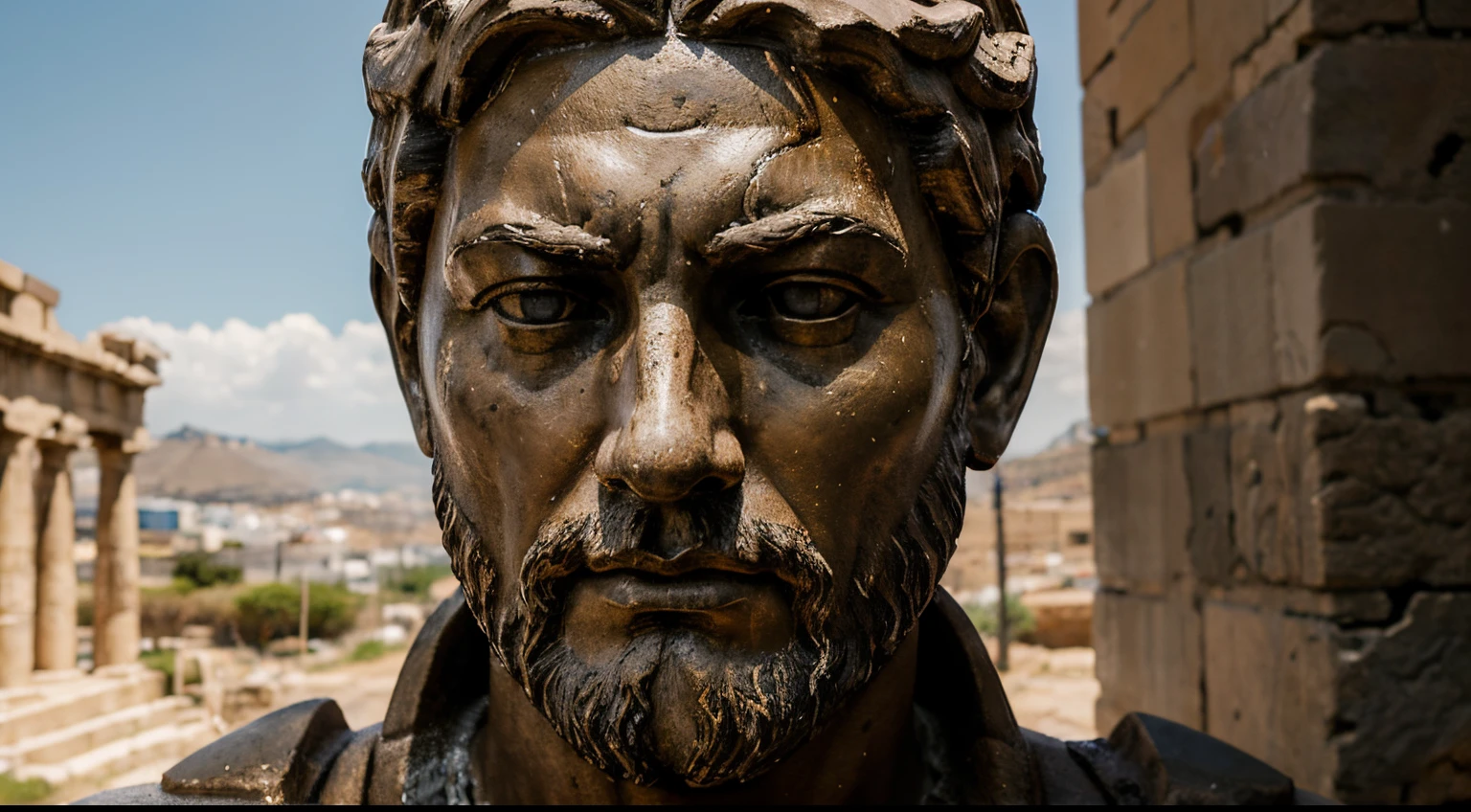 Ancient Stoic Statue With Very Angry Expression, tem barba, muitos detalhes em ambos os olhos, Outside, fundo atenas grego, open sky, com rosto extremamente detalhado full body view, Colors with low saturation with dark tone, Filmado em Sony A7S III com Sony FE 35mm f/1.8, 12.1 MP, --AR 3:2 --estilo cru