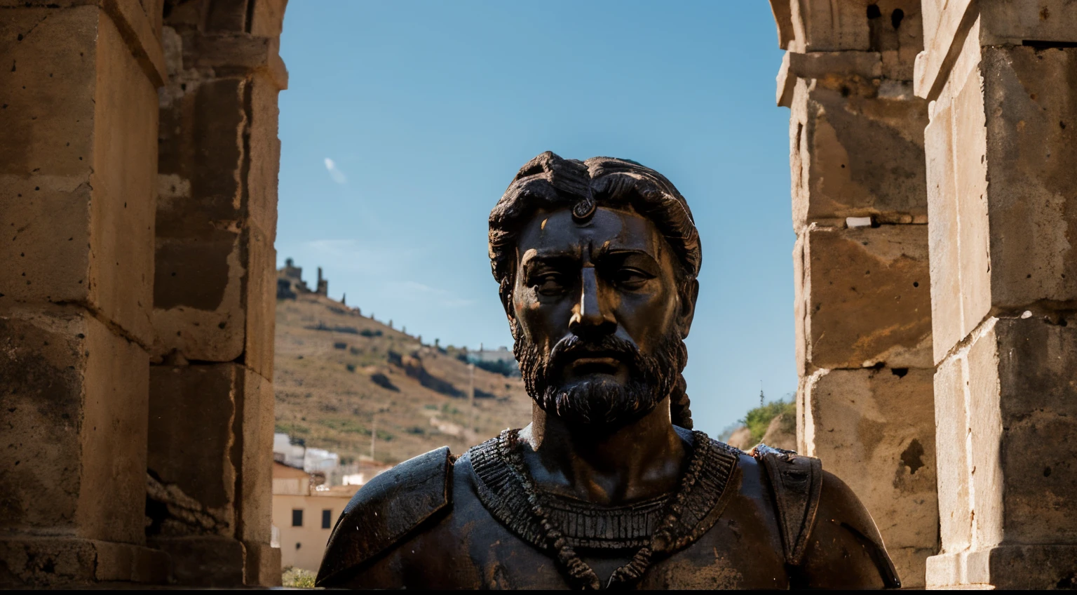 Ancient Stoic Statue With Very Angry Expression, tem barba, muitos detalhes em ambos os olhos, Outside, fundo atenas grego, open sky, com rosto extremamente detalhado full body view, Colors with low saturation with dark tone, Filmado em Sony A7S III com Sony FE 35mm f/1.8, 12.1 MP, --AR 3:2 --estilo cru
