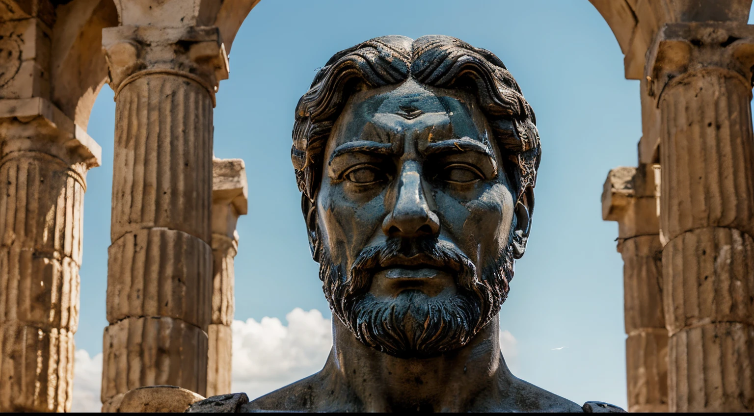 Ancient Stoic Statue With Very Angry Expression, tem barba, muitos detalhes em ambos os olhos, Outside, fundo atenas grego, open sky, com rosto extremamente detalhado full body view, Colors with low saturation with dark tone, Filmado em Sony A7S III com Sony FE 35mm f/1.8, 12.1 MP, --AR 3:2 --estilo cru