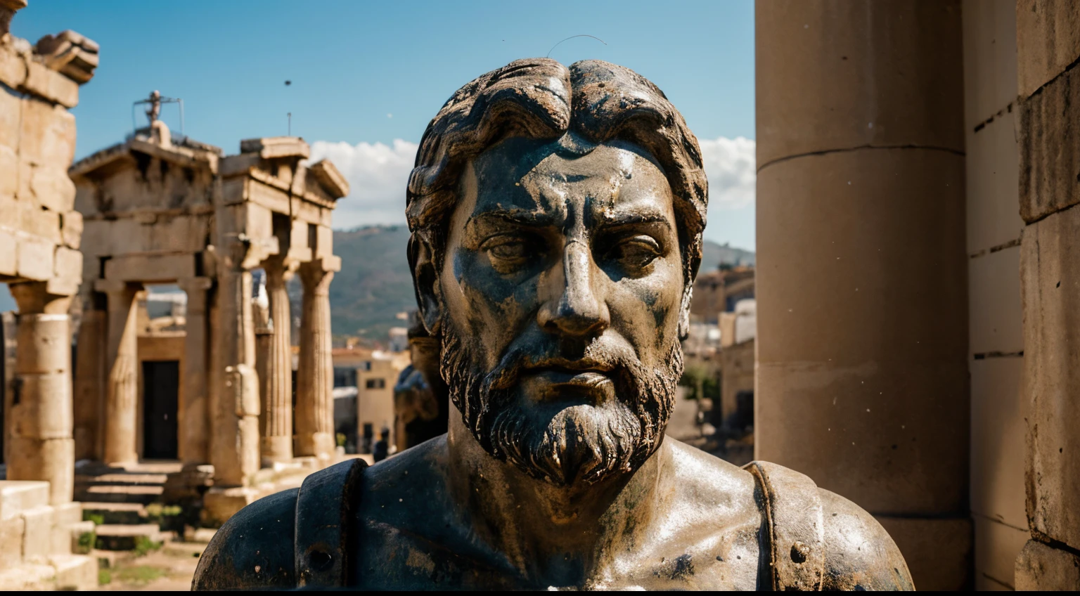 Ancient Stoic Statue With Very Angry Expression, tem barba, muitos detalhes em ambos os olhos, Outside, fundo atenas grego, open sky, com rosto extremamente detalhado full body view, Colors with low saturation with dark tone, Filmado em Sony A7S III com Sony FE 35mm f/1.8, 12.1 MP, --AR 3:2 --estilo cru