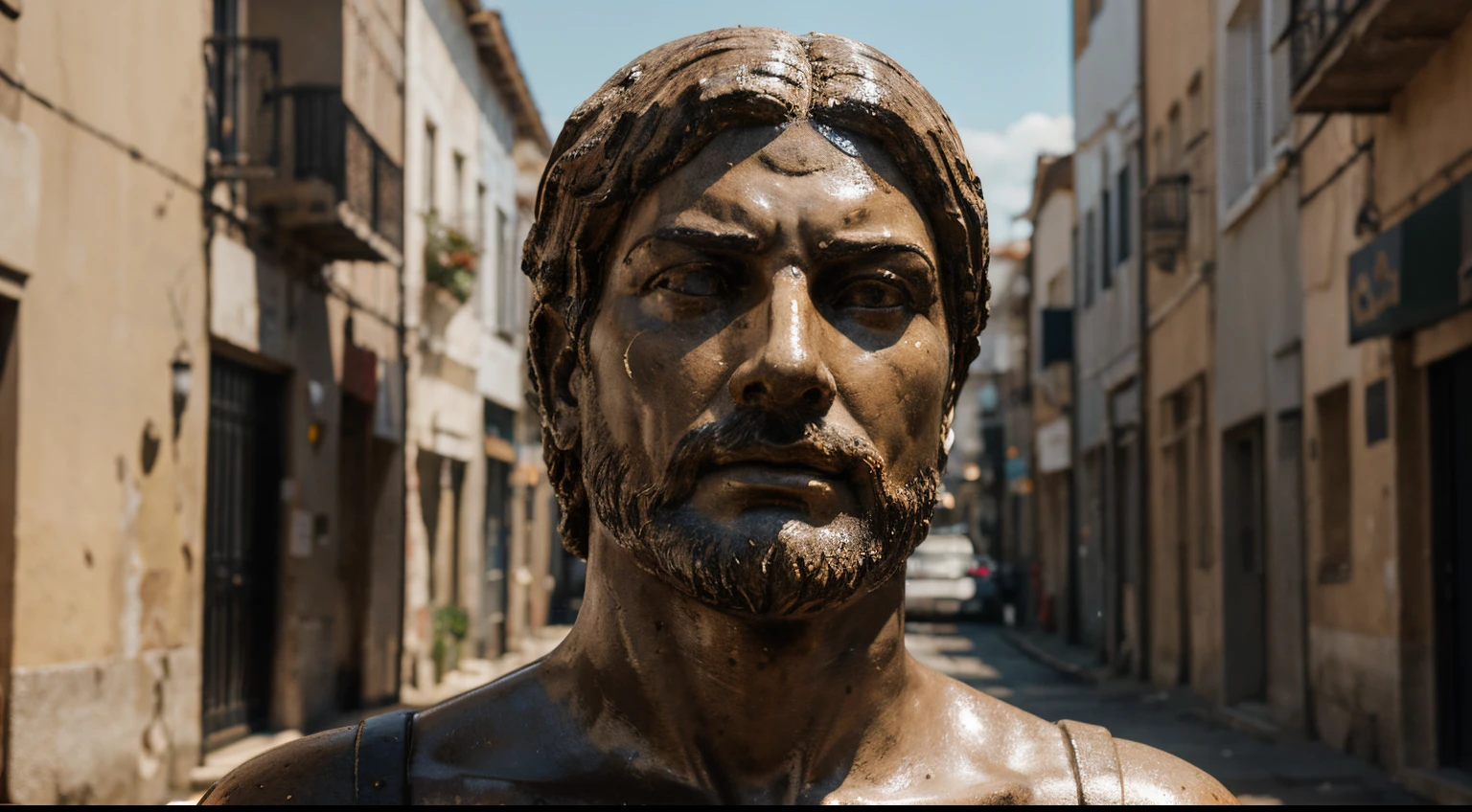 Ancient Stoic Statue With Very Angry Expression, tem barba, muitos detalhes em ambos os olhos, Outside, fundo atenas grego, open sky, com rosto extremamente detalhado full body view, Colors with low saturation with dark tone, Filmado em Sony A7S III com Sony FE 35mm f/1.8, 12.1 MP, --AR 3:2 --estilo cru