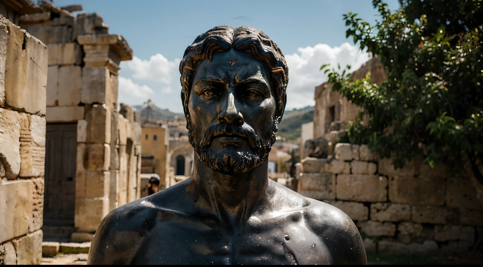 Ancient Stoic Statue With Very Angry Expression, tem barba, muitos detalhes em ambos os olhos, Outside, fundo atenas grego, open sky, com rosto extremamente detalhado full body view, Colors with low saturation with dark tone, Filmado em Sony A7S III com Sony FE 35mm f/1.8, 12.1 MP, --AR 3:2 --estilo cru