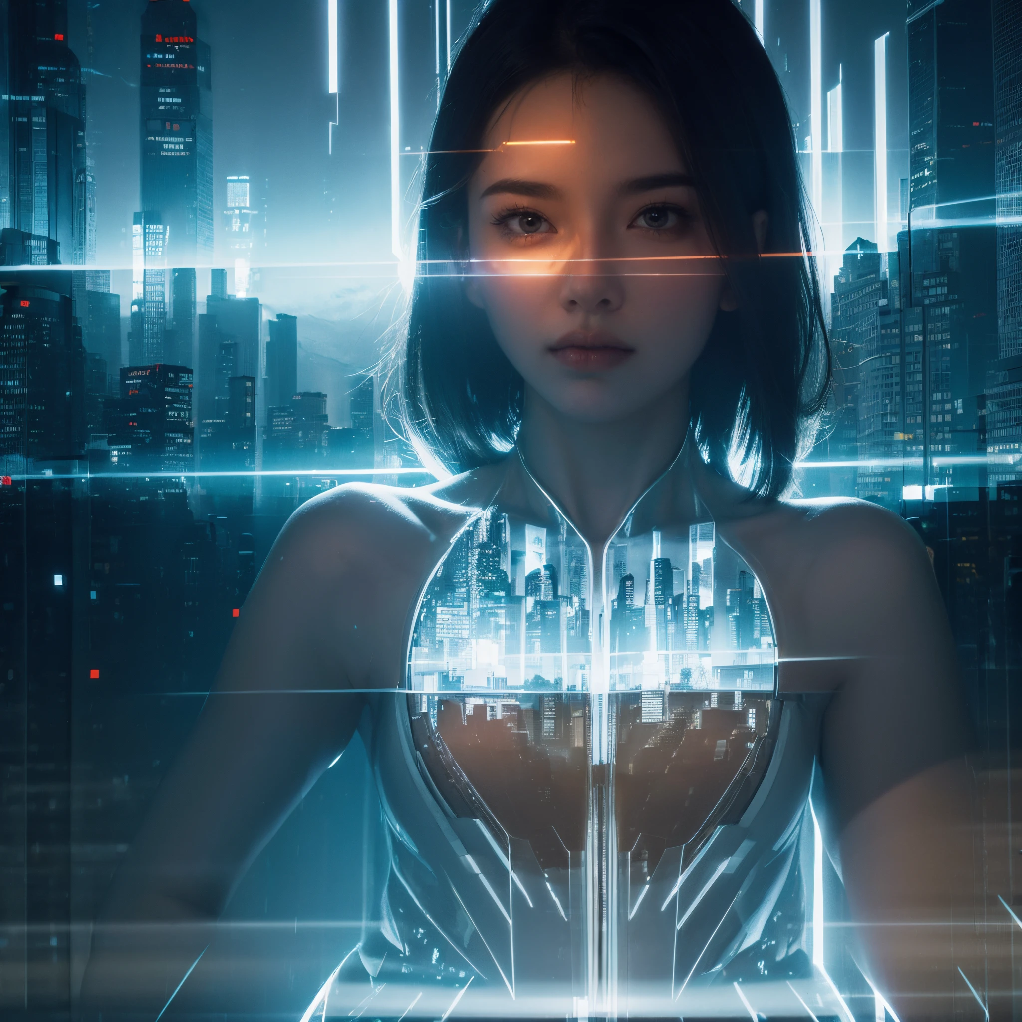 (Doubleexposure:1.5)，the cyberpunk girl portrait，The cities of the future，Fusion，overlapping