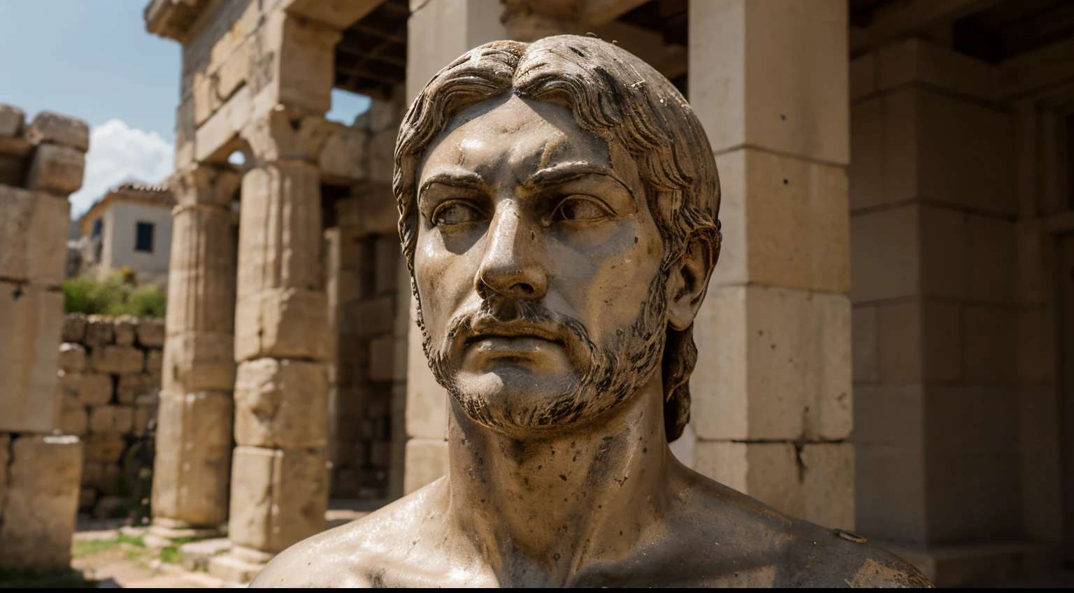 Ancient Stoic Statue With Very Angry Expression, tem barba, muitos detalhes em ambos os olhos, Outside, fundo atenas grego, open sky, com rosto extremamente detalhado full body view, Colors with low saturation with dark tone, Filmado em Sony A7S III com Sony FE 35mm f/1.8, 12.1 MP, --AR 3:2 --estilo cru
