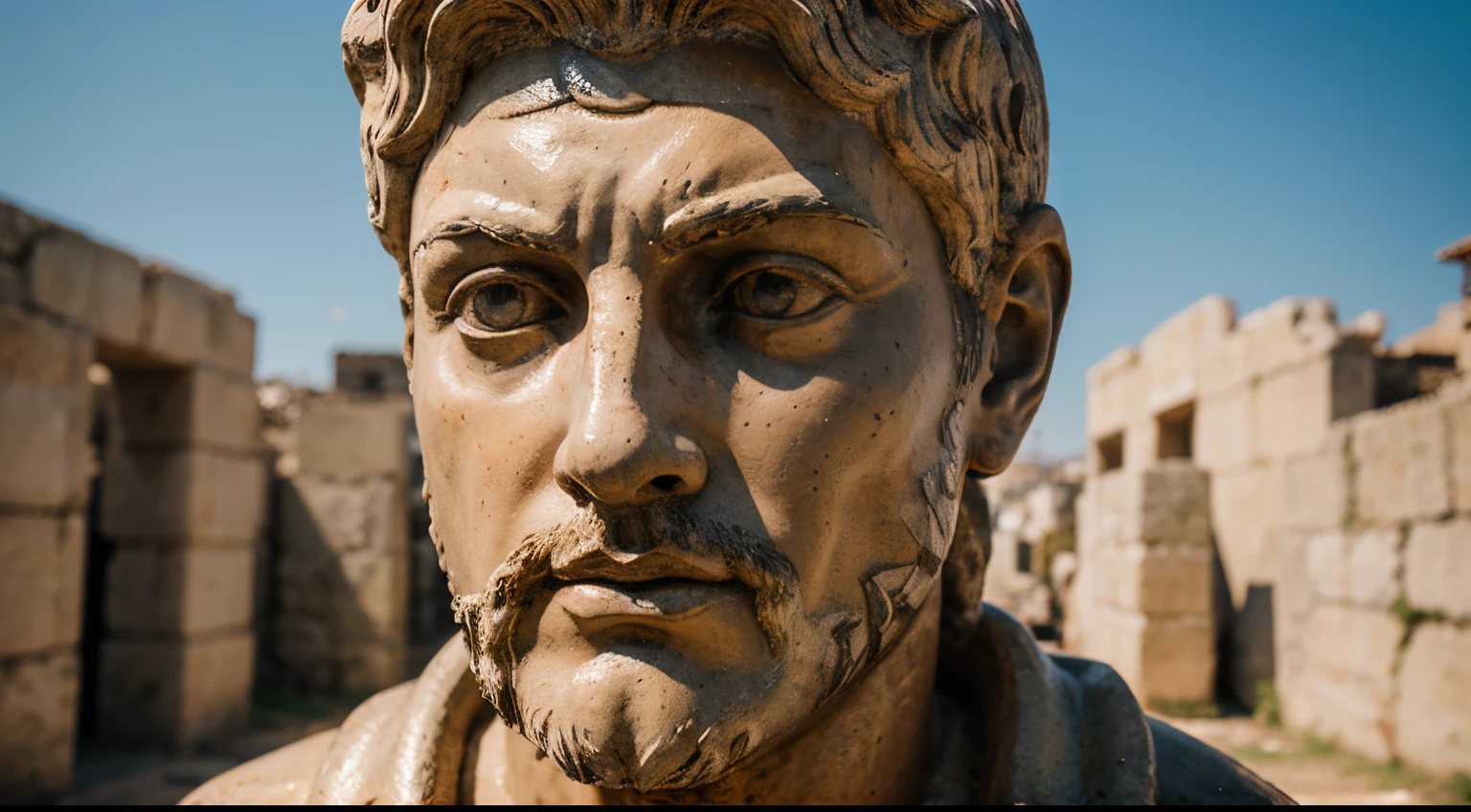 Ancient Stoic Statue With Very Angry Expression, tem barba, muitos detalhes em ambos os olhos, Outside, fundo atenas grego, open sky, com rosto extremamente detalhado full body view, Colors with low saturation with dark tone, Filmado em Sony A7S III com Sony FE 35mm f/1.8, 12.1 MP, --AR 3:2 --estilo cru