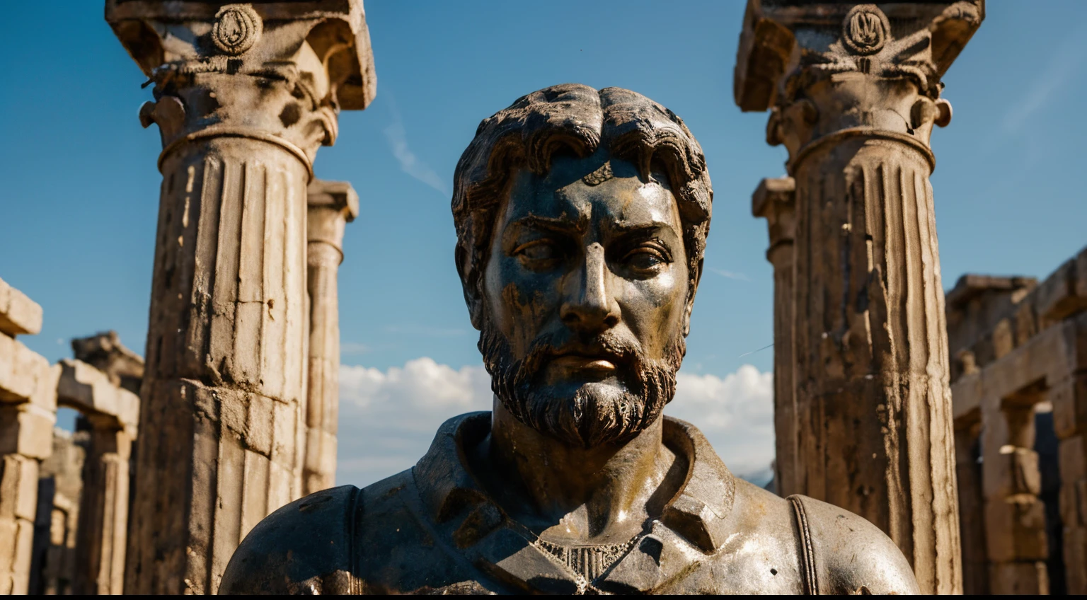 Ancient Stoic Statue With Very Angry Expression, tem barba, muitos detalhes em ambos os olhos, Outside, fundo atenas grego, open sky, com rosto extremamente detalhado full body view, Colors with low saturation with dark tone, Filmado em Sony A7S III com Sony FE 35mm f/1.8, 12.1 MP, --AR 3:2 --estilo cru
