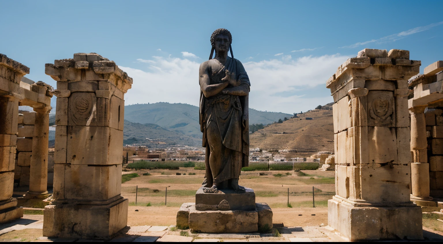 Ancient Stoic Statue With Very Angry Expression, tem barba, muitos detalhes em ambos os olhos, Outside, fundo atenas grego, open sky, com rosto extremamente detalhado full body view, Colors with low saturation with dark tone, Filmado em Sony A7S III com Sony FE 35mm f/1.8, 12.1 MP, --AR 3:2 --estilo cru