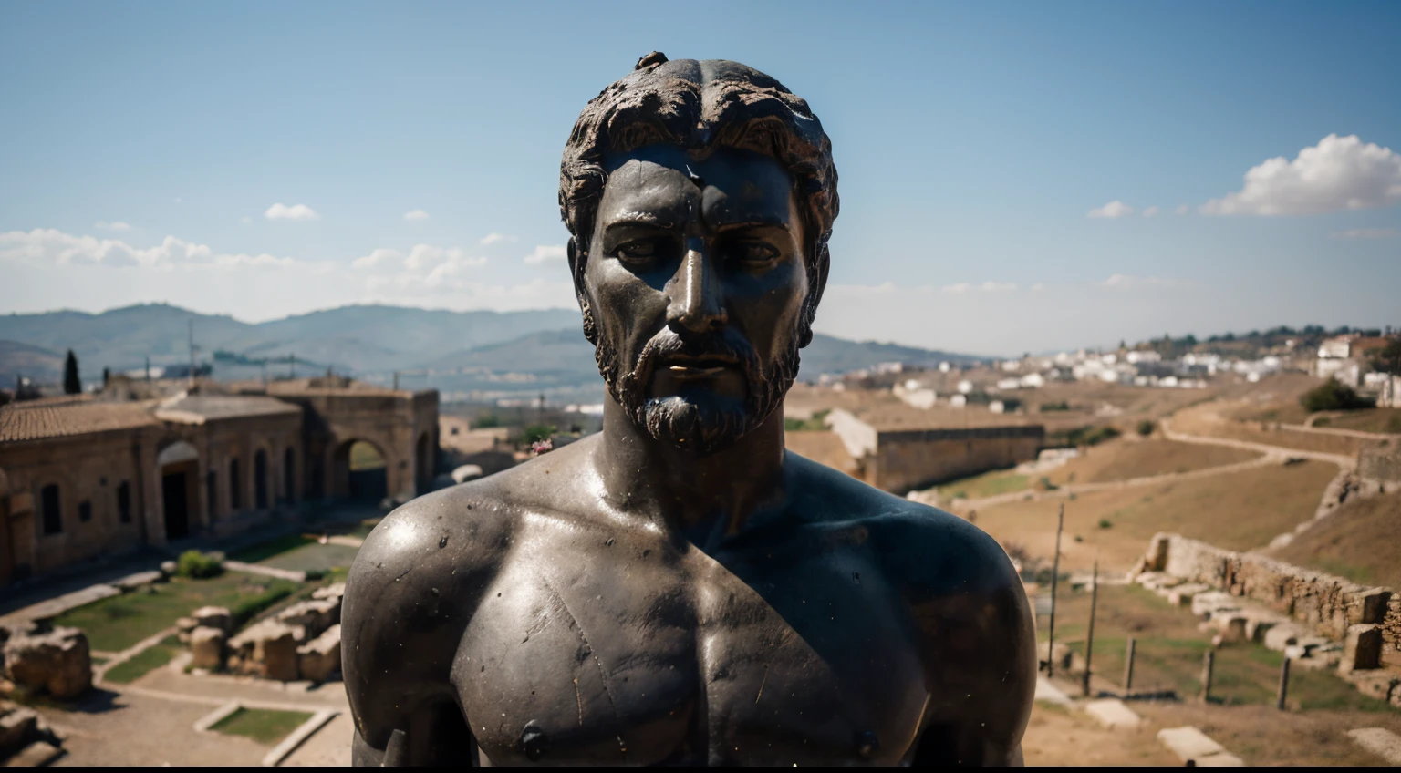 Ancient Stoic Statue With Very Angry Expression, tem barba, muitos detalhes em ambos os olhos, Outside, fundo atenas grego, open sky, com rosto extremamente detalhado full body view, Colors with low saturation with dark tone, Filmado em Sony A7S III com Sony FE 35mm f/1.8, 12.1 MP, --AR 3:2 --estilo cru