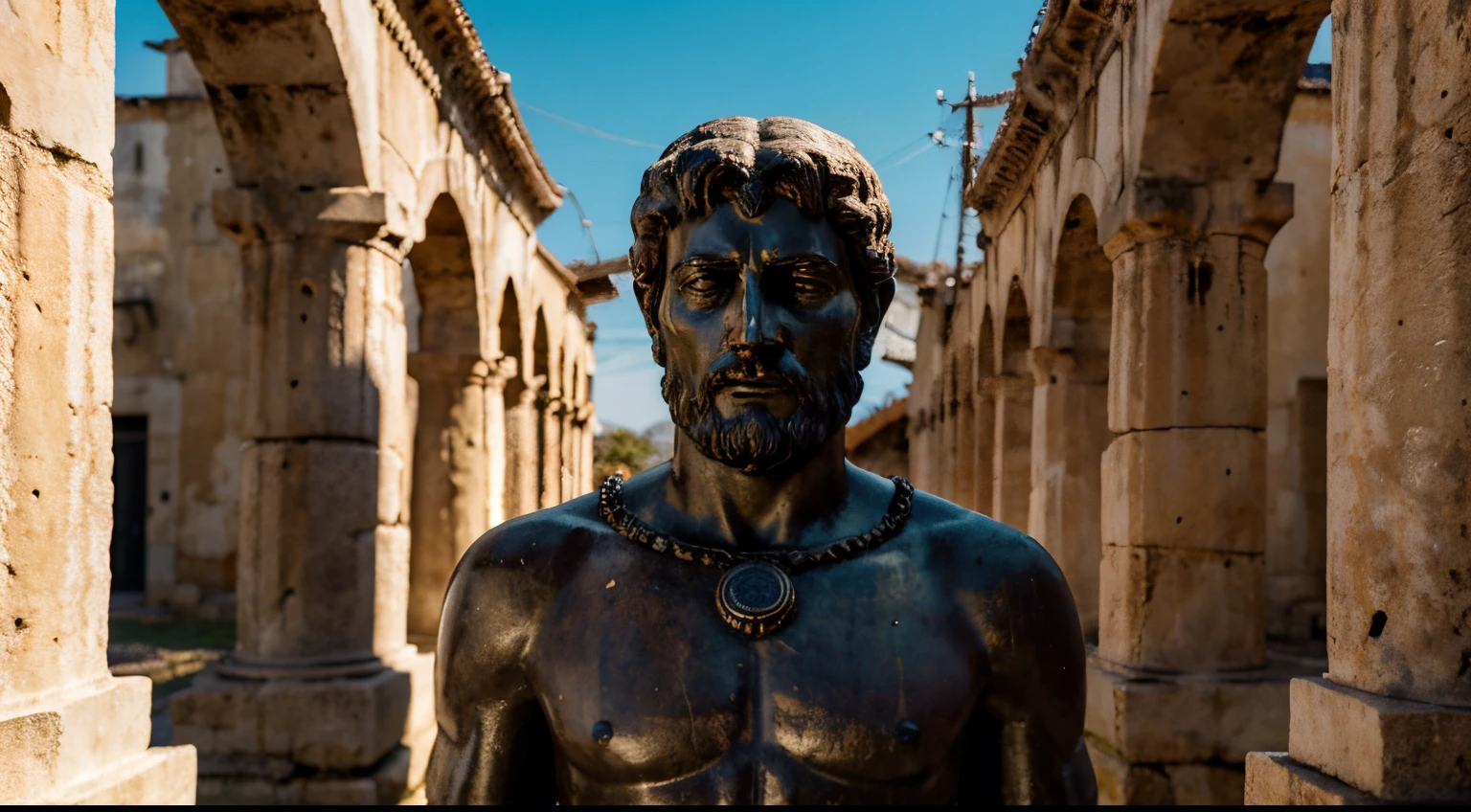 Ancient Stoic Statue With Very Angry Expression, tem barba, muitos detalhes em ambos os olhos, Outside, fundo atenas grego, open sky, com rosto extremamente detalhado full body view, Colors with low saturation with dark tone, Filmado em Sony A7S III com Sony FE 35mm f/1.8, 12.1 MP, --AR 3:2 --estilo cru
