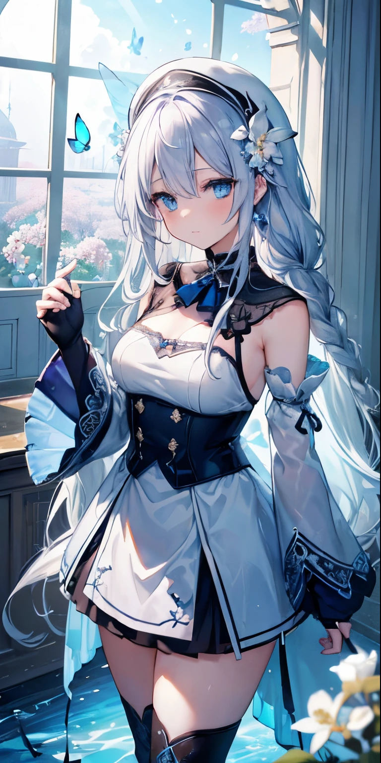 (Overhead view), Dynamic Angle, Ultra-detailed, Illustration, close-up, Direct, 1 girl, (Fantasy: 1.4), (Blue eyes: 1.233), Her eyes shone like dreamy stars, (Bright eyes: 1.233), (Beautiful, Detailed eyes:1.1),(Silver hair:1.14),(hair messy,Very long hair,french braids,hair between eye,side locks),(+(bule hair flower:1.14)),(Dress Chiffon, Floral pattern of teapot on uniform)/=(Military uniform: 1.24),(Detached sleeves,Wide sleeves),(Fingerless gloves),Choker,(Priestess thighs),High Heel Boots,(deadpan,Mouth closed),(Standing), (classical Princess boudoir with dressing tableand french windowin a white ancient palaces), (white blossoms, florals), (abysmal sea), (flowingwater), (Dull Blue Trees in the World々々々々々: 1, 14), (Ruins), (Night: 1,2),souls,Dreamy,(fluorescent),(flying translucent blue butterflies:1.15), [[Delicate fingers and hands:0.55]::0.85],(Detailed fingers) ,(yubao:0.5),