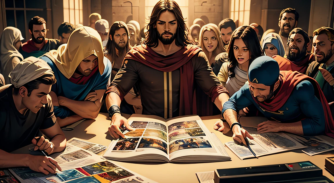 create an image that portrays the creation of a comic book by Jesus Christ