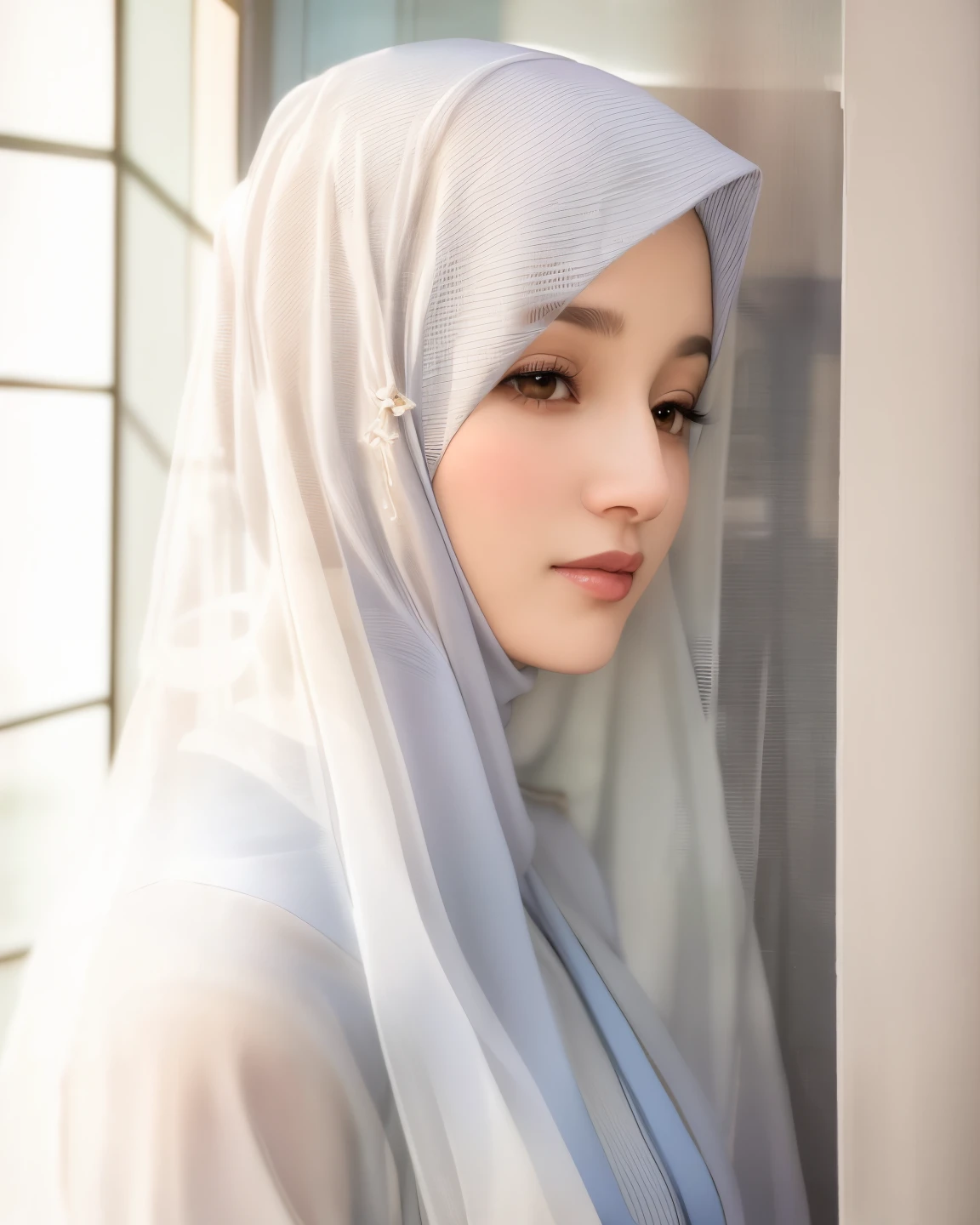 (RAW photo, best quality), (realistic, photo-realistic:1.3), 1 girl, solo girl, extremely delicate and beautiful, Amazing, finely detail, masterpiece, ultra-detailed, highres,(best illustration), (best shadow),intricate,depth of filed, On a summer afternoon, a lovely female muslim dress with tunic, pashmina hijabs, In the golden hues of autumn, creating a soothing sound. She closes her eyes, immersing herself in harmony with nature,(blurry background:1.4), sharp focus, volumetric fog, 8k UHD, DSLR, high quality, (film grain:1.4), Fujifilm XT3,