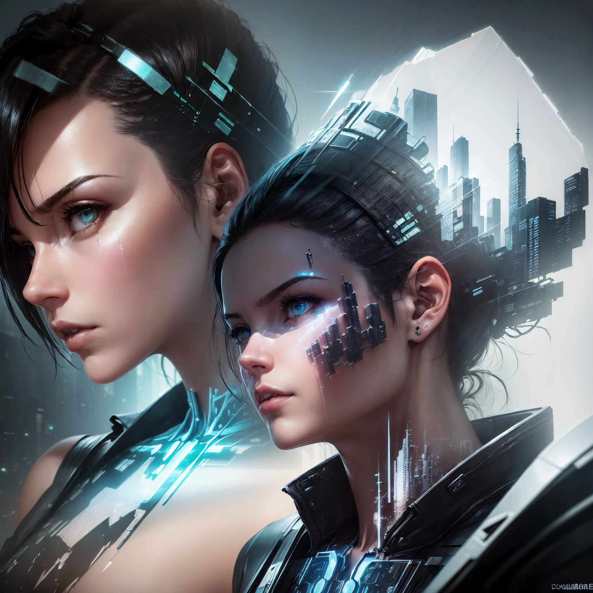 (Doubleexposure:1.5),Cyberpunk war scene,Cidade futuristica,Girl head portrait,Science fiction dreams in my mind,matrix,Mechanical joint,dream,dream,Fusion,stealth,ultra-realistic realism
