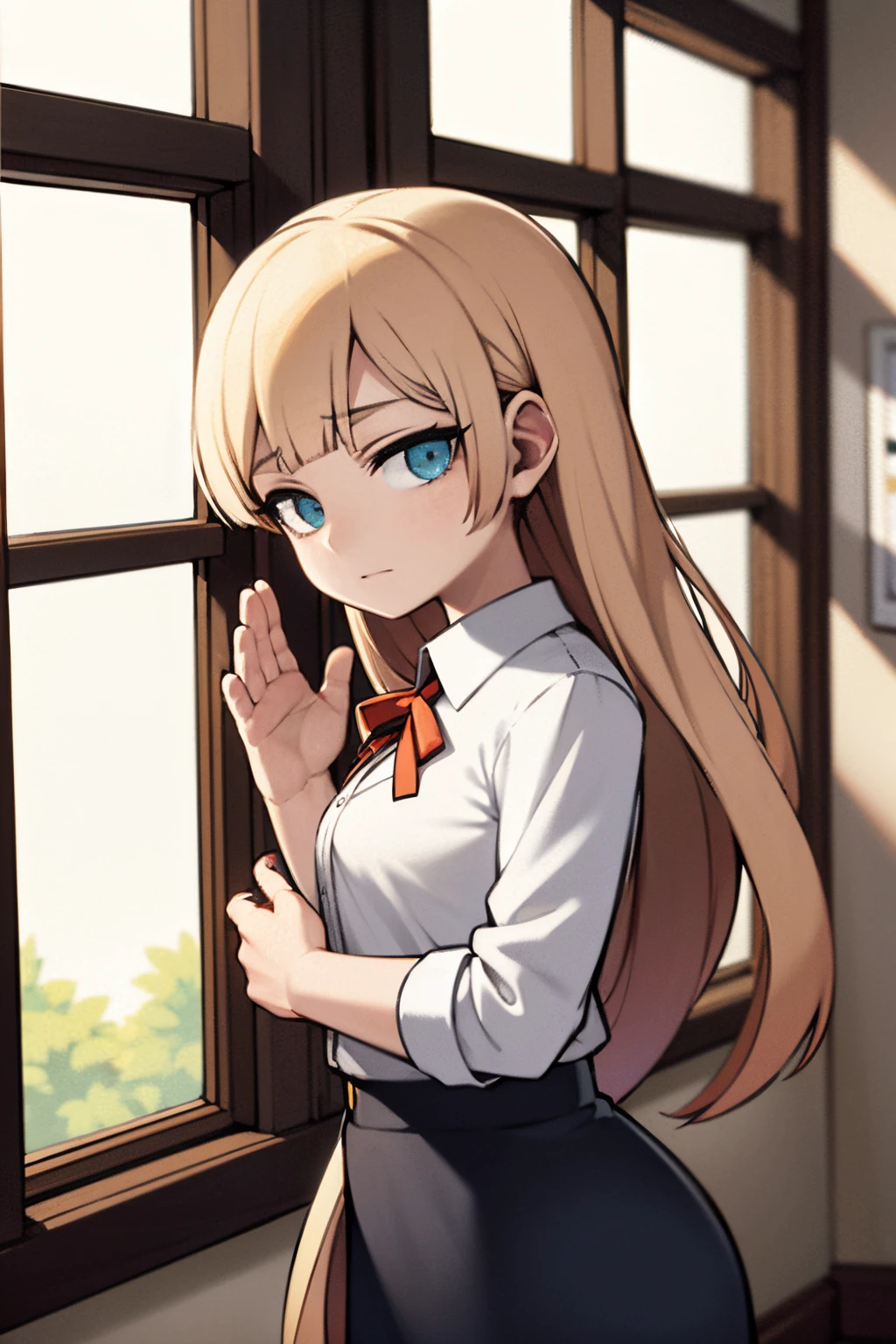 in front of a window, background with nine behind the window,