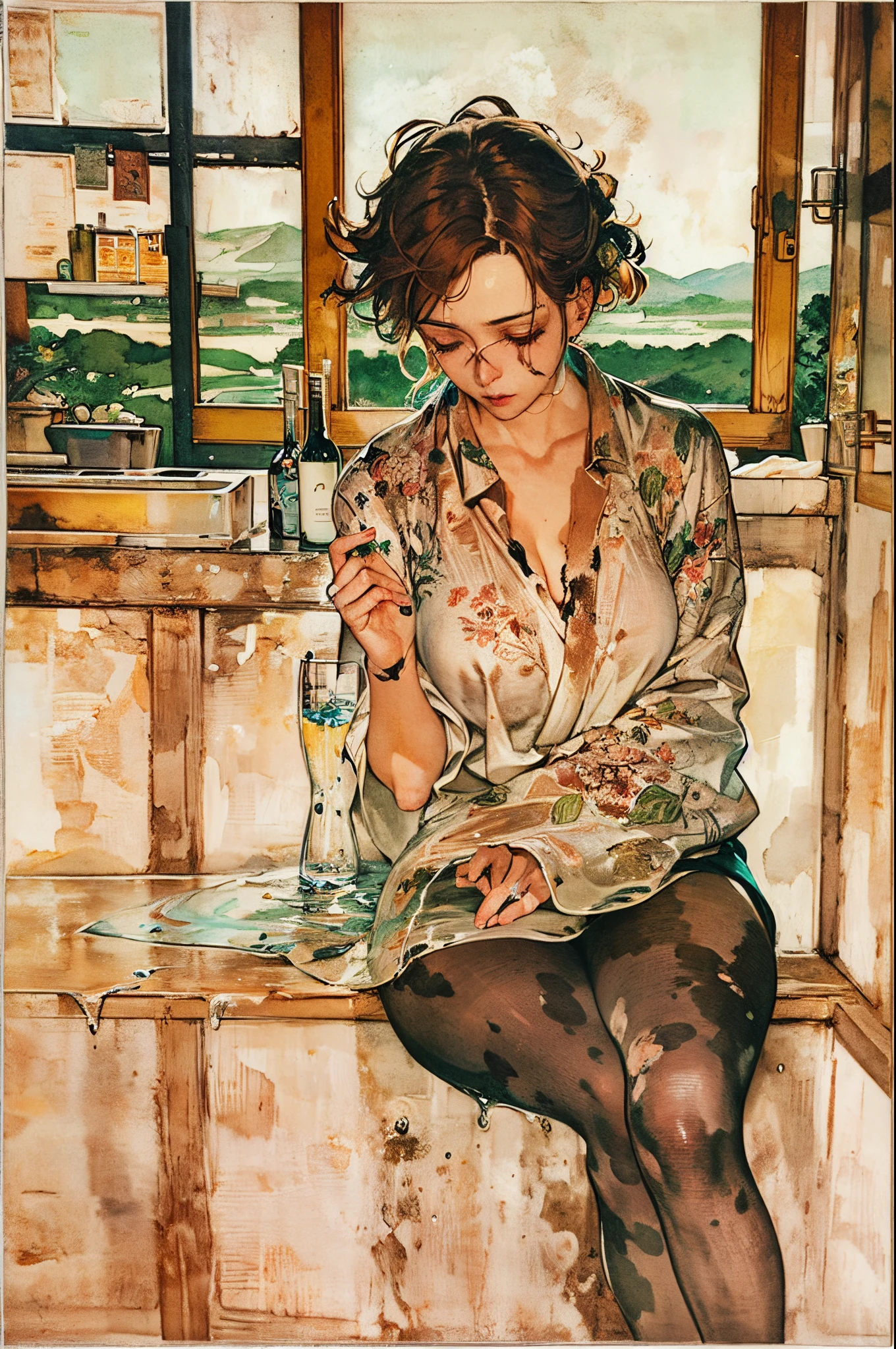（Egon Schiele） A woman getting drunk in a bar with a spectacular view. It was an important appointment with the love of her life...but she doesn't show up. She has been burnt to death.(Ink on Japanese paper, which tends to bleed easily)(contemporary art like a picture book) (transparent watercolor) (light itself expressed as real) (layers of soft, rich colors) (shades of paint dissolved thinly with water) (deep, delicate colors)