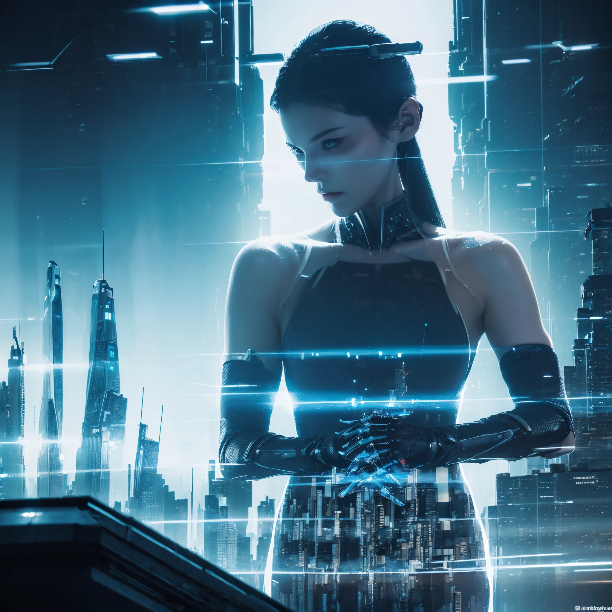 (Doubleexposure:1.5),cyber punk personage,The cities of the future,girl avatar girl,The science fiction dream in your head,matrix