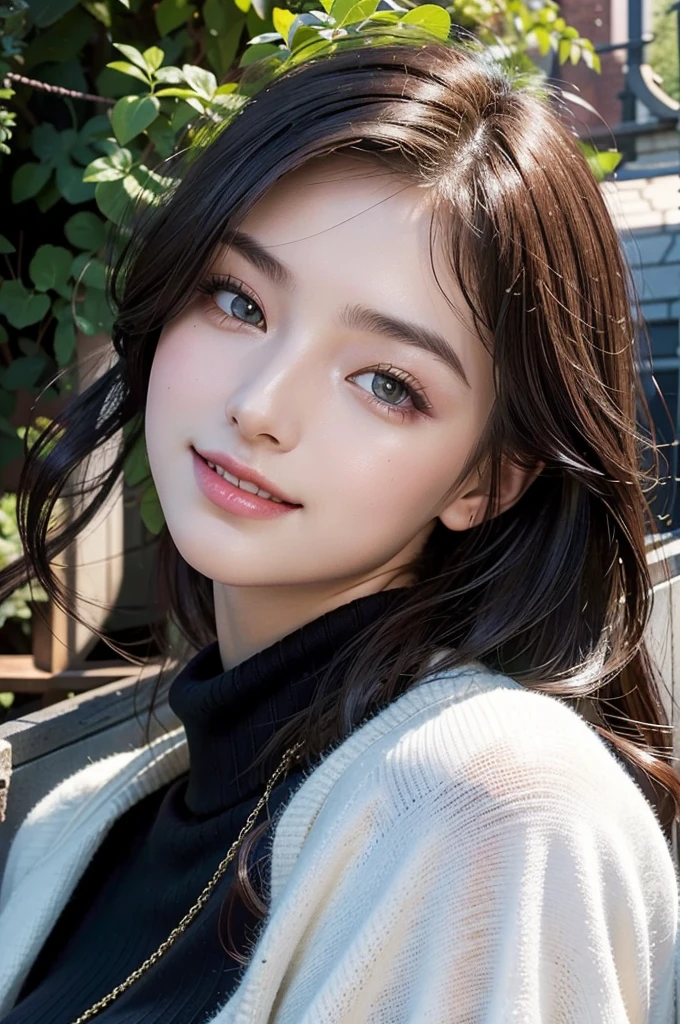masterpiece,DSLR photo,analog style,nikon d5,real photo,a photo of a beautiful 20 year old woman,dramatic lighting (85mm),with Blooming garden in the background,(detailed facial features),(detailed shiny eyes),dynamic angle,Michelangelo style,long hair,turtleneck sweater,smiling face:1.4,
