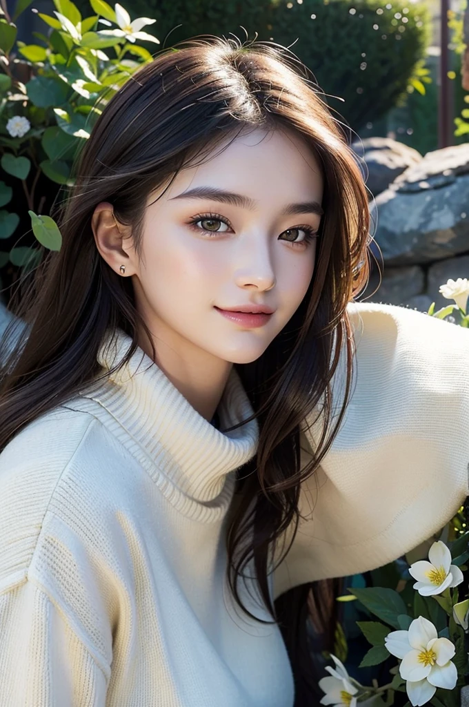 masterpiece,DSLR photo,analog style,nikon d5,real photo,a photo of a beautiful 20 year old woman,dramatic lighting (85mm),with Blooming garden in the background,(detailed facial features),(detailed shiny eyes),dynamic angle,Michelangelo style,long hair,turtleneck sweater,smiling face:1.4,