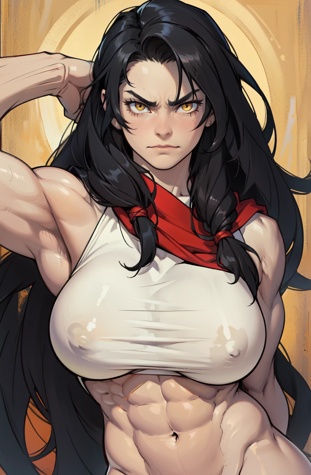 (classic painting style) ((1 girl)), extremely long hair, solo, ((muscular)), veins, black hair, yellow eyes, pale skin, strong, veins, abs, (huge breasts), frowning
