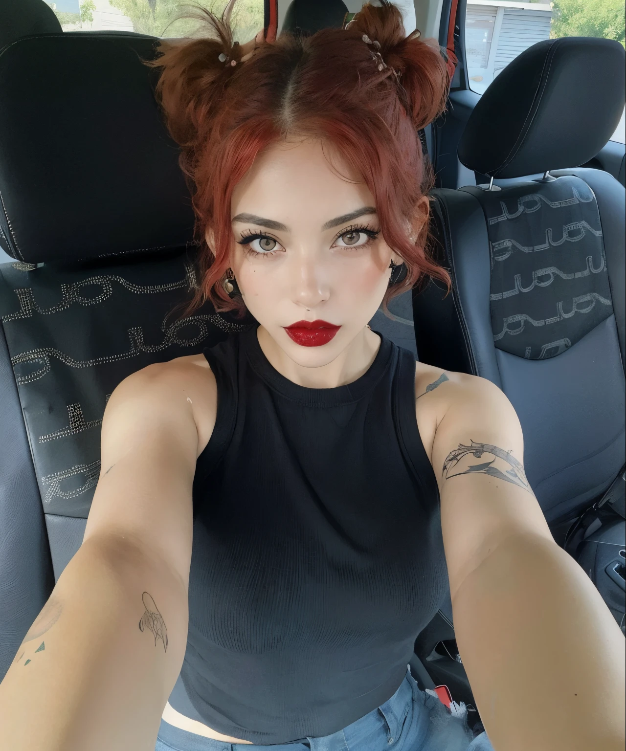 Mujer arafed con cabello rojo sentada en un auto con un top negro, con el pelo rojo, con cabello rojo rizado, sonrisa sensual, con tatuajes, con cabello largo y ojos penetrantes, sentada en su auto, con coletas negras, small and thick red lips, cabello negro y rojo, selfie de una mujer joven, labios rojos gruesos, Diosa pelirroja