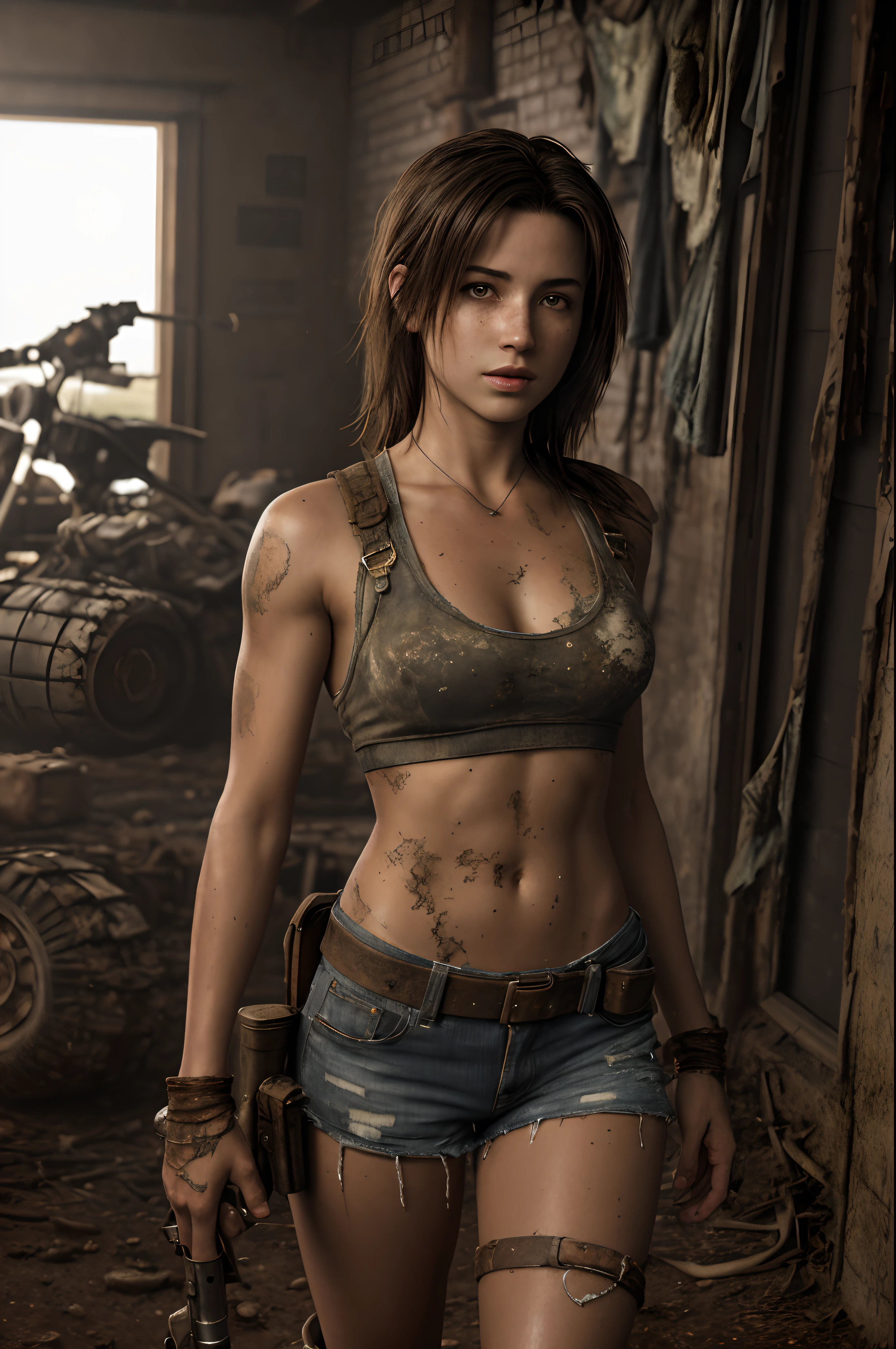 masterpiece, ultra detailed, 8K, Raw photo, Realistic light, Cinematic composition, Realistic face, Realistic skin, full body shot, 18 years old Tifa Lockhart, on the exploited and rusty tank, tattered and dirty clothing, postapocalyptic wastlands with riuned sity, cute sexy, pleasure, short messy hair, freckles, nightfall, dramatic lighting