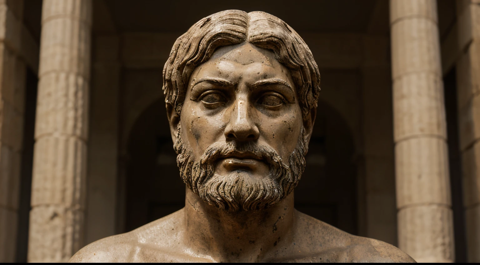 Ancient Stoic Statue With Very Angry Expression, tem barba, muitos detalhes em ambos os olhos, Outside, fundo atenas grego, open sky, com rosto extremamente detalhado full body view, Colors with low saturation with dark tone, Filmado em Sony A7S III com Sony FE 35mm f/1.8, 12.1 MP, --AR 3:2 --estilo cru