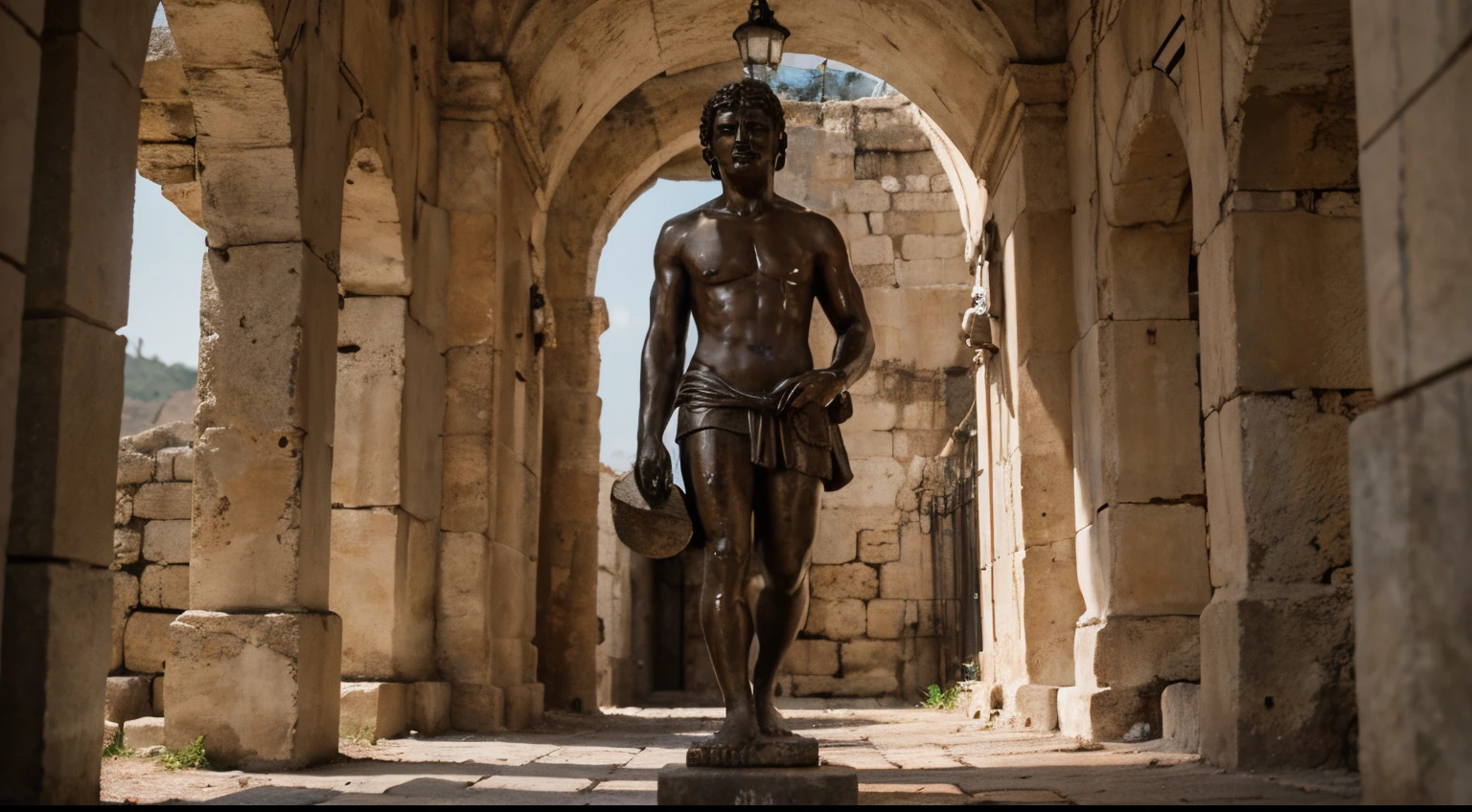 Ancient Stoic Statue With Very Angry Expression, tem barba, muitos detalhes em ambos os olhos, Outside, fundo atenas grego, open sky, com rosto extremamente detalhado full body view, Colors with low saturation with dark tone, Filmado em Sony A7S III com Sony FE 35mm f/1.8, 12.1 MP, --AR 3:2 --estilo cru