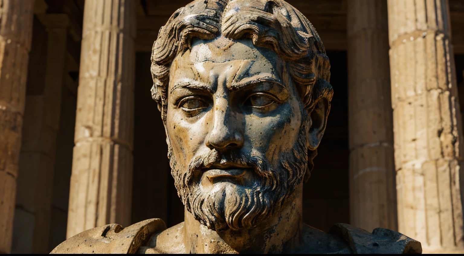 Ancient Stoic Statue With Very Angry Expression, tem barba, muitos detalhes em ambos os olhos, Outside, fundo atenas grego, open sky, com rosto extremamente detalhado full body view, Colors with low saturation with dark tone, Filmado em Sony A7S III com Sony FE 35mm f/1.8, 12.1 MP, --AR 3:2 --estilo cru