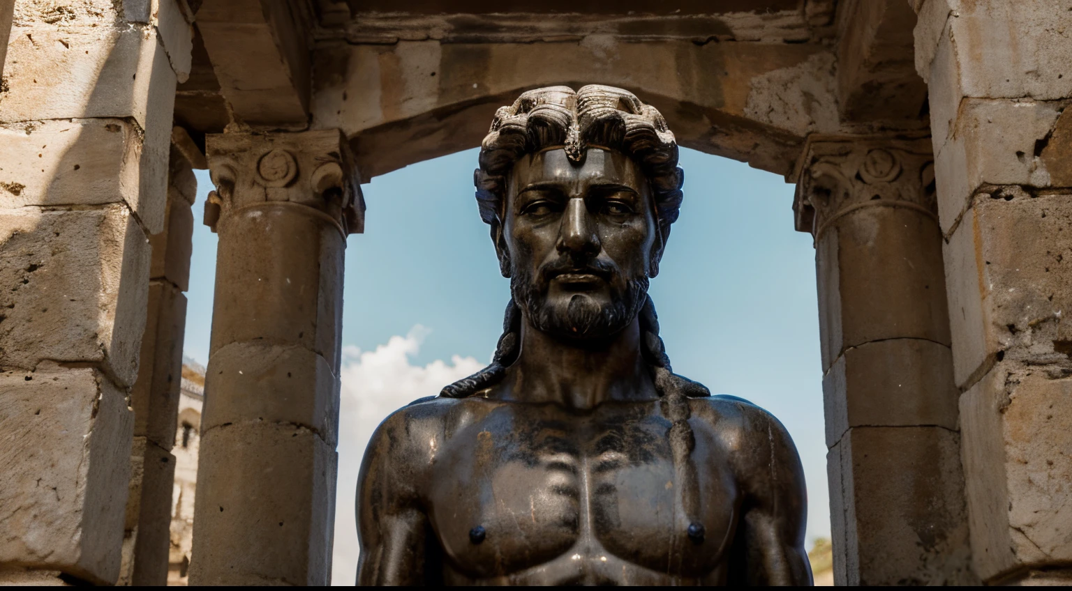 Ancient Stoic Statue With Very Angry Expression, tem barba, muitos detalhes em ambos os olhos, Outside, fundo atenas grego, open sky, com rosto extremamente detalhado full body view, Colors with low saturation with dark tone, Filmado em Sony A7S III com Sony FE 35mm f/1.8, 12.1 MP, --AR 3:2 --estilo cru