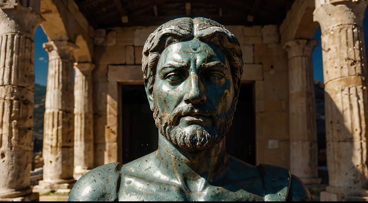 Ancient Stoic Statue With Very Angry Expression, tem barba, muitos detalhes em ambos os olhos, Outside, fundo atenas grego, open sky, com rosto extremamente detalhado full body view, Colors with low saturation with dark tone, Filmado em Sony A7S III com Sony FE 35mm f/1.8, 12.1 MP, --AR 3:2 --estilo cru