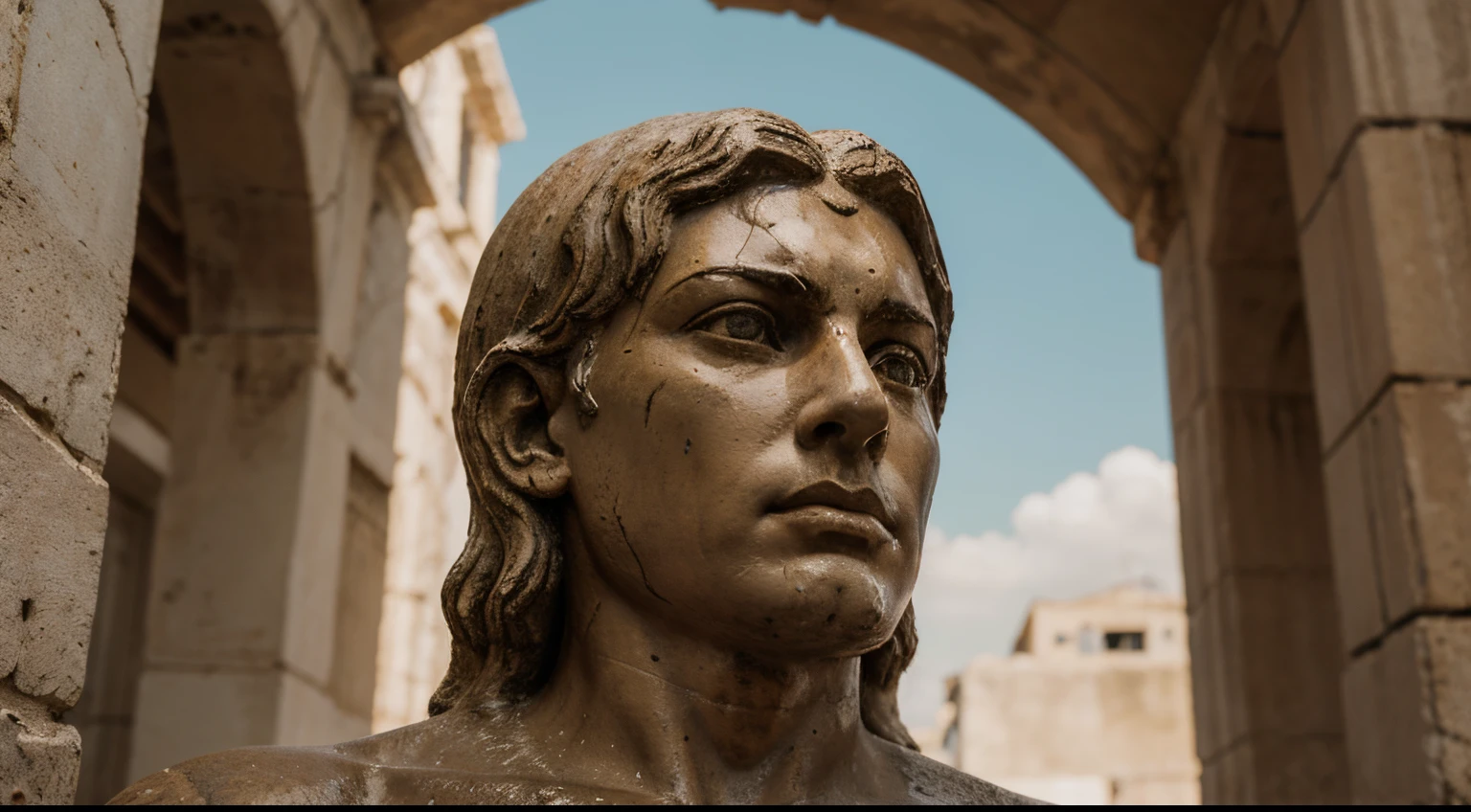 Ancient Stoic Statue With Very Angry Expression, tem barba, muitos detalhes em ambos os olhos, Outside, fundo atenas grego, open sky, com rosto extremamente detalhado full body view, Colors with low saturation with dark tone, Filmado em Sony A7S III com Sony FE 35mm f/1.8, 12.1 MP, --AR 3:2 --estilo cru