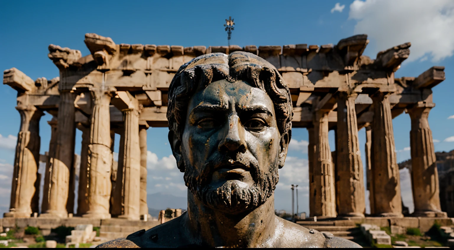 Ancient Stoic Statue With Very Angry Expression, tem barba, muitos detalhes em ambos os olhos, Outside, fundo atenas grego, open sky, com rosto extremamente detalhado full body view, Colors with low saturation with dark tone, Filmado em Sony A7S III com Sony FE 35mm f/1.8, 12.1 MP, --AR 3:2 --estilo cru