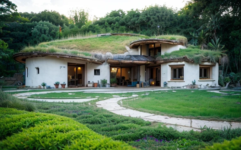 A photograph of a symmetrical contemporary house with curved, organic, angular, rounded and (((green roof))) with a (((Biological pool))) in the tropical backyard, white plaster (((rustic clay stucco))), (((wave-shaped green roof with a wooden edge))), (((wooden roof and rake fascia))), eaves, porch with wooden pillar, ((wooden frame roof)), No Bali (((Tropical garden))), ((rounded corner walls)), ((Rustic clay plaster)), (((rounded organic curves corners white walls))), (((rustic earth plaster, mud))), ((natural houses. Organic buildings, organic architecture)), Ecovillage, sustainable architecture, Bioconstruction, solarpunk architecture, (((grass roof, green roof, Green Wave Roof, rounded roof, vegetated roofs)) ), ((green architecture)), Passive house, (((Rock Foundation))), Clear sky in the background, Interdimensional Villa, a painful beauty, modern, imposing, organic architecture, green house, ((Bali Hadid Style) ), super resolution, cinemactic, color grading, editorial photography, photography, photo shoot, (((Dramatic top angle view of the front eye))), O 50mm, depth of field, intricate details, natural colors, sharp focus, light warm, shutter speed 1/1000, F/22, White balance, Ray Trace Reflections, Lumen reflections, screen space reflections, diffraction classification, chromatic aberration, GB offset, Partial lighting, backlight, natural lightting, Scan lines , Ambient occlusion, antialiasing, Shaders, OpenGL-Shaders, GLSL-Shaders, Post processing, post - production, Shading, Tone Mapping, Insanely detailed and intricate, hypermaximalist, elegant, hyperrealistic, super detailed, dynamic pose, Fujifilm XT3