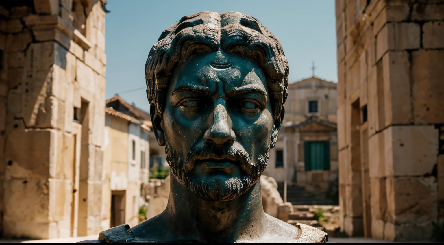 Ancient Stoic Statue With Very Angry Expression, tem barba, muitos detalhes em ambos os olhos, Outside, fundo atenas grego, open sky, com rosto extremamente detalhado full body view, Colors with low saturation with dark tone, Filmado em Sony A7S III com Sony FE 35mm f/1.8, 12.1 MP, --AR 3:2 --estilo cru