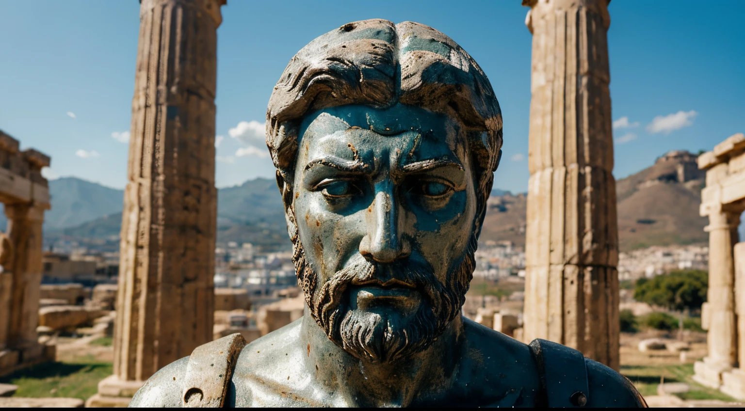 Ancient Stoic Statue With Very Angry Expression, tem barba, muitos detalhes em ambos os olhos, Outside, fundo atenas grego, open sky, com rosto extremamente detalhado full body view, Colors with low saturation with dark tone, Filmado em Sony A7S III com Sony FE 35mm f/1.8, 12.1 MP, --AR 3:2 --estilo cru