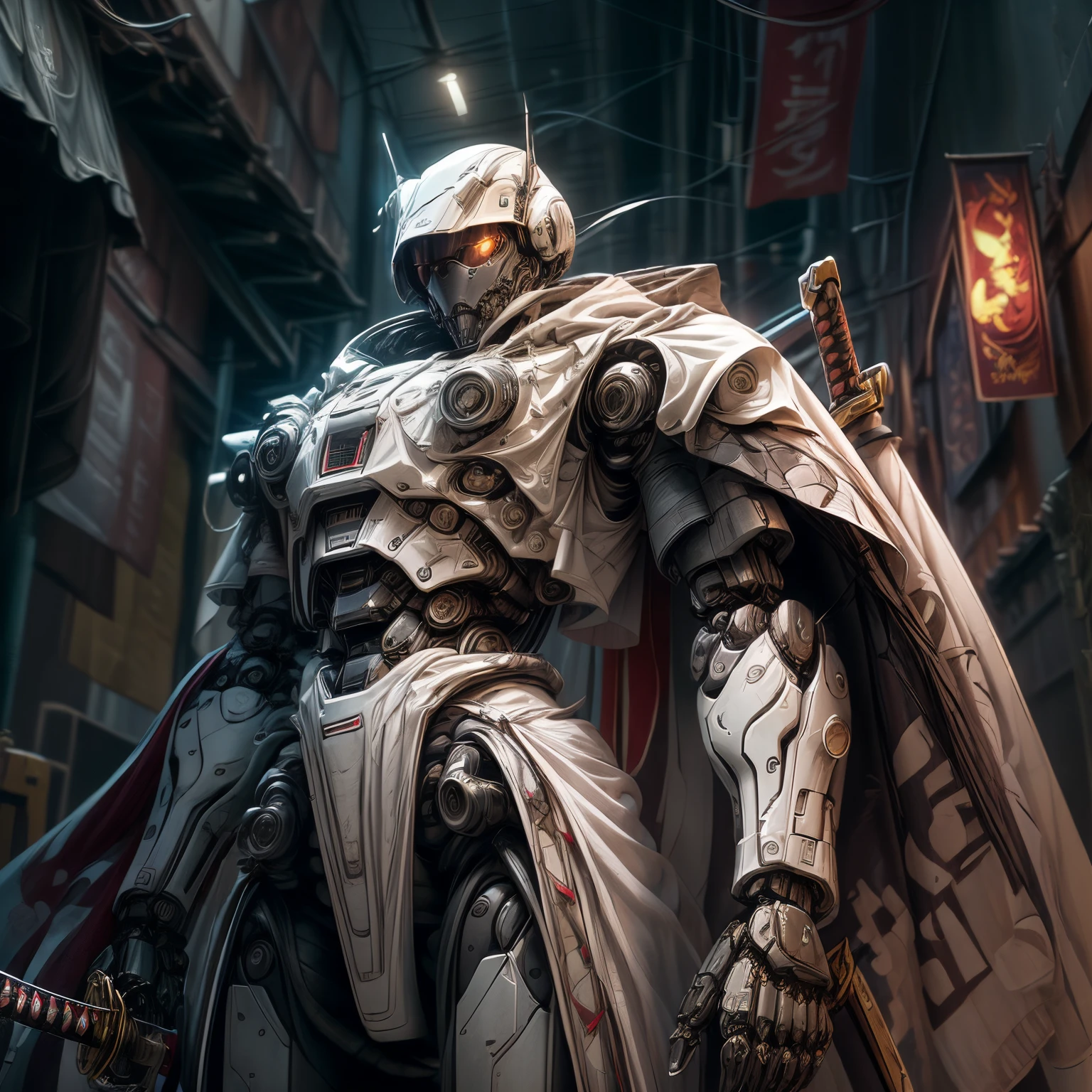 (Masterpiece, Best quality:1.3),extremly detailed, 1male robot wearing a cape, (Manteau blanc:1.2), holding sword, Katana, Dieu de la guerre, complexe, 8k, Hdr, wallpaper, lighting cinematic, (univers), rougeoyant, armure, Des yeux brillants, mecha, Grandes ailes,
