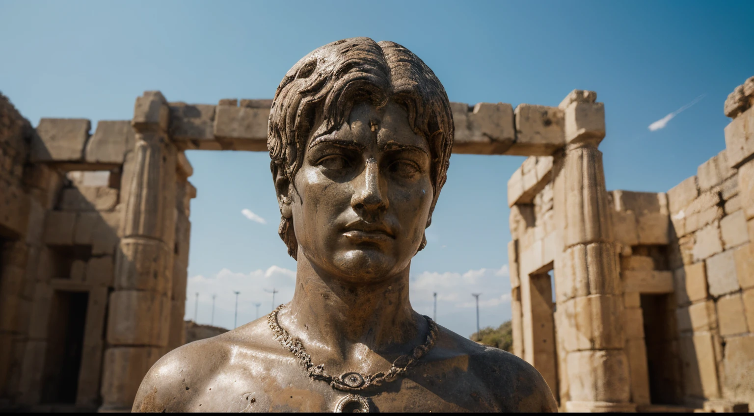 Ancient Stoic Statue With Very Angry Expression, tem barba, muitos detalhes em ambos os olhos, Outside, fundo atenas grego, open sky, com rosto extremamente detalhado full body view, Colors with low saturation with dark tone, Filmado em Sony A7S III com Sony FE 35mm f/1.8, 12.1 MP, --AR 3:2 --estilo cru