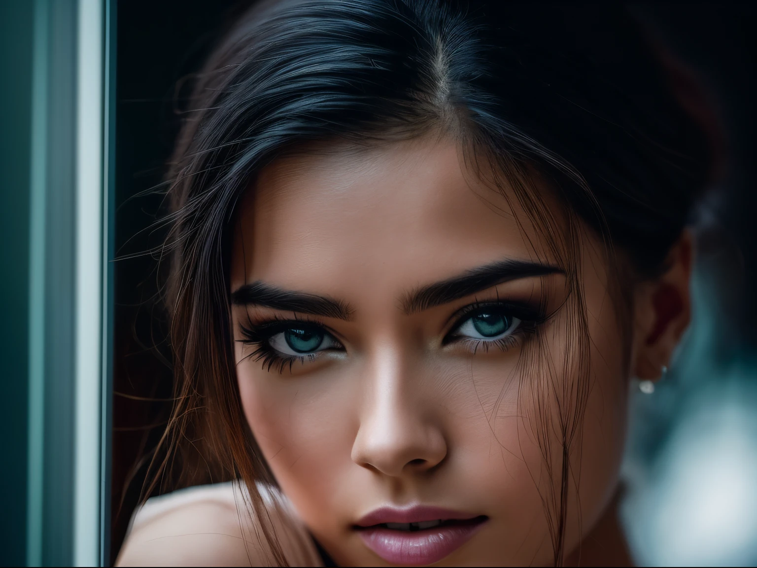 A captivating, high-drama portrait of an extremely beautiful woman, raind drop background, in the style of hyperrealist, selective focus, hall of mirrors, bokeh, hyper-realistic portraits, mysterious and dreamlike scenes, fragmented portraitures. Shot with a Nikon Z9, 50 mm f/1.2 lens, directed by Ridley Scott